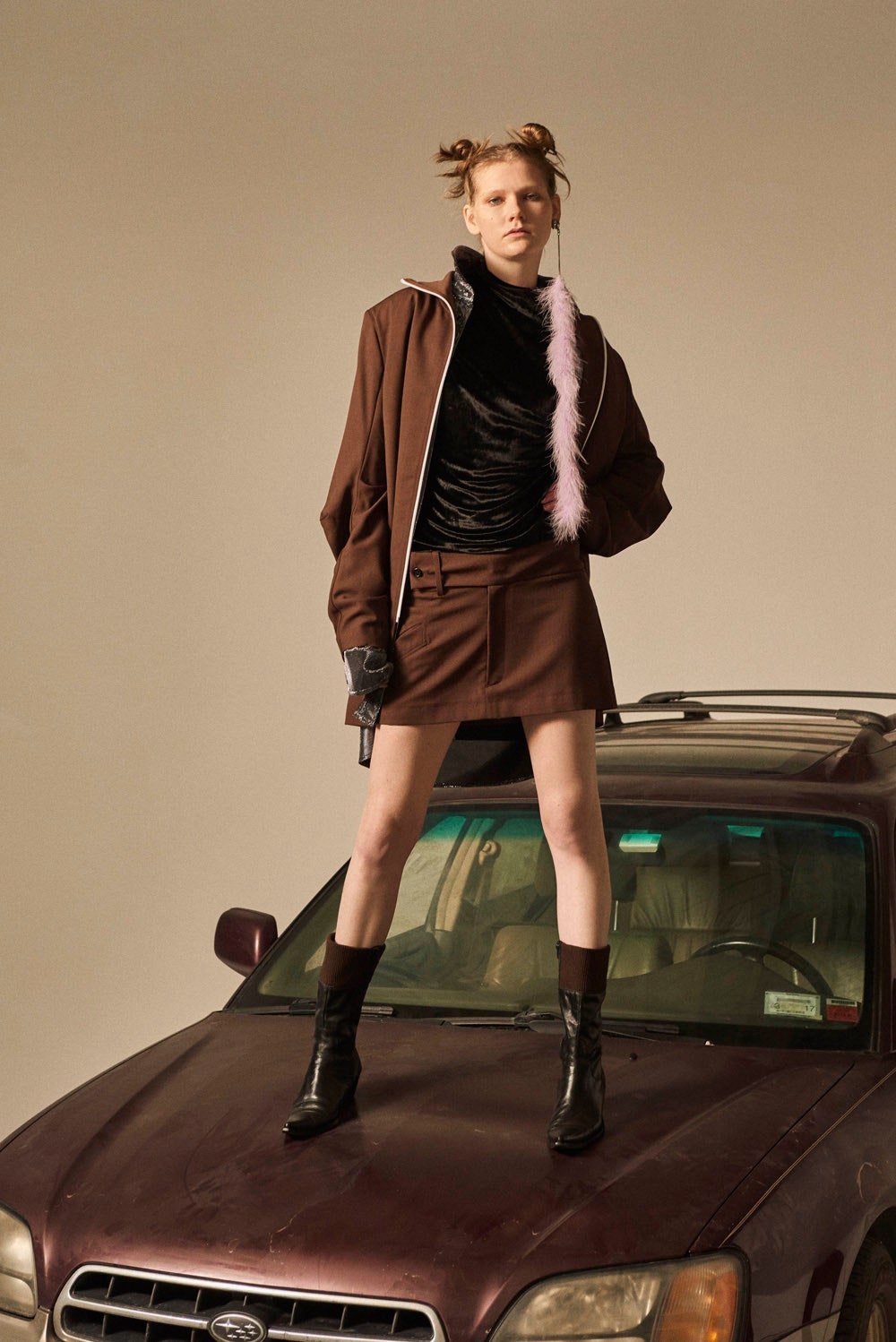 oversized brown jacket with fitted black top