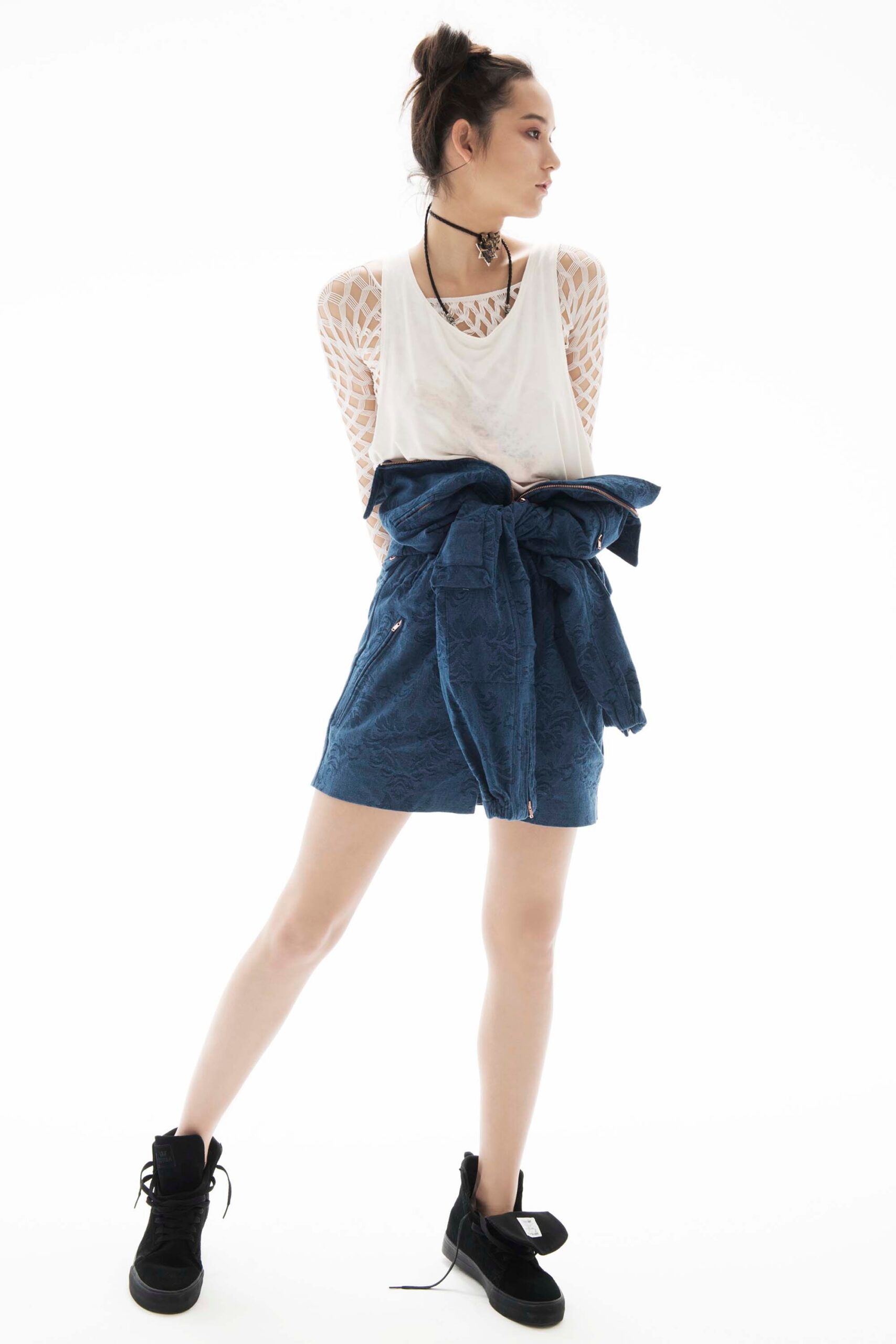 white fitted top with blue skirt