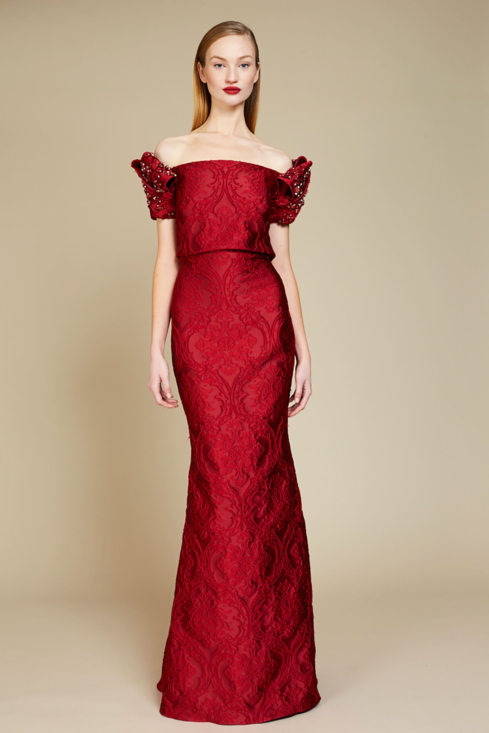 red embroidered off-shoulder gown