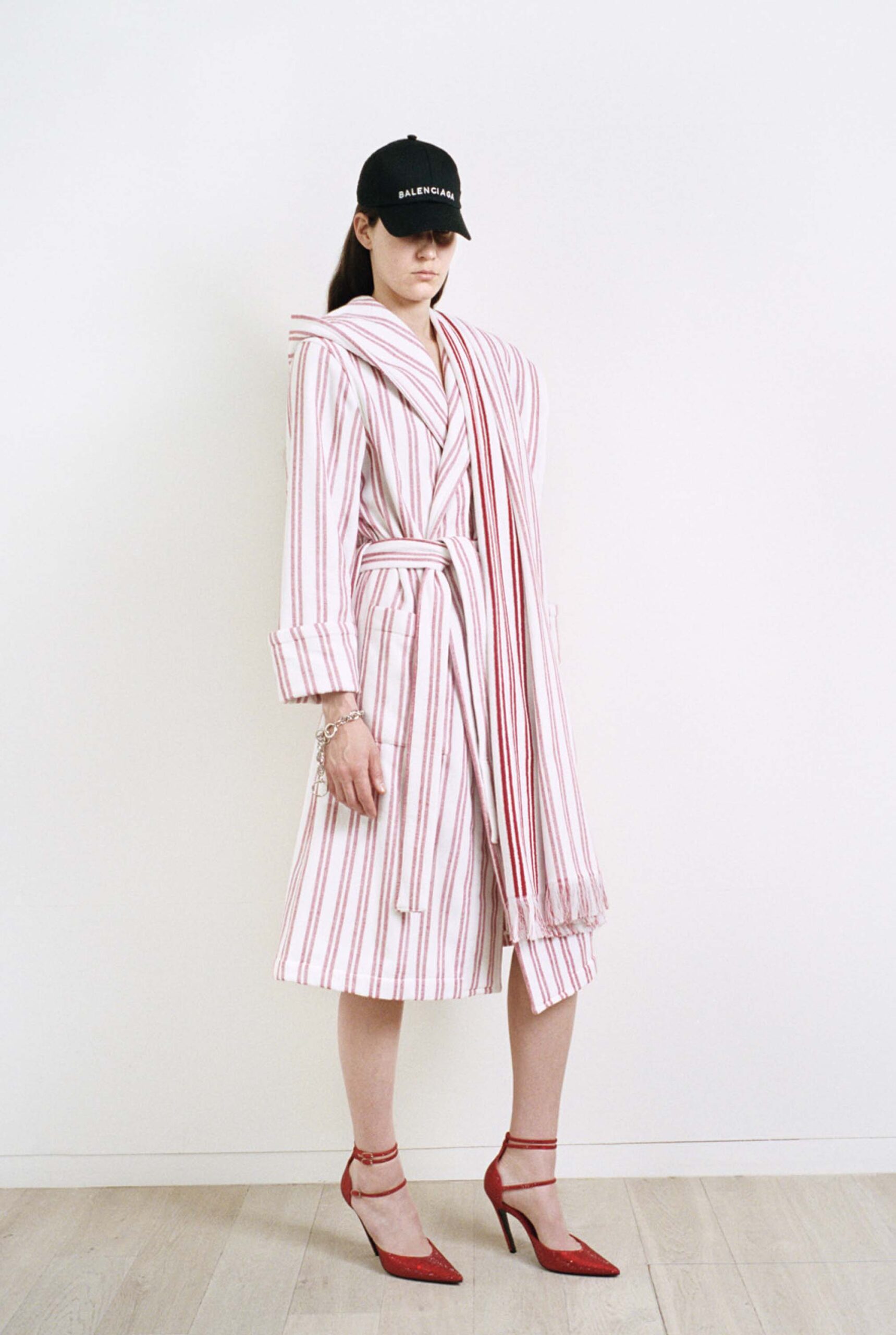 striped midi coat with red heels
