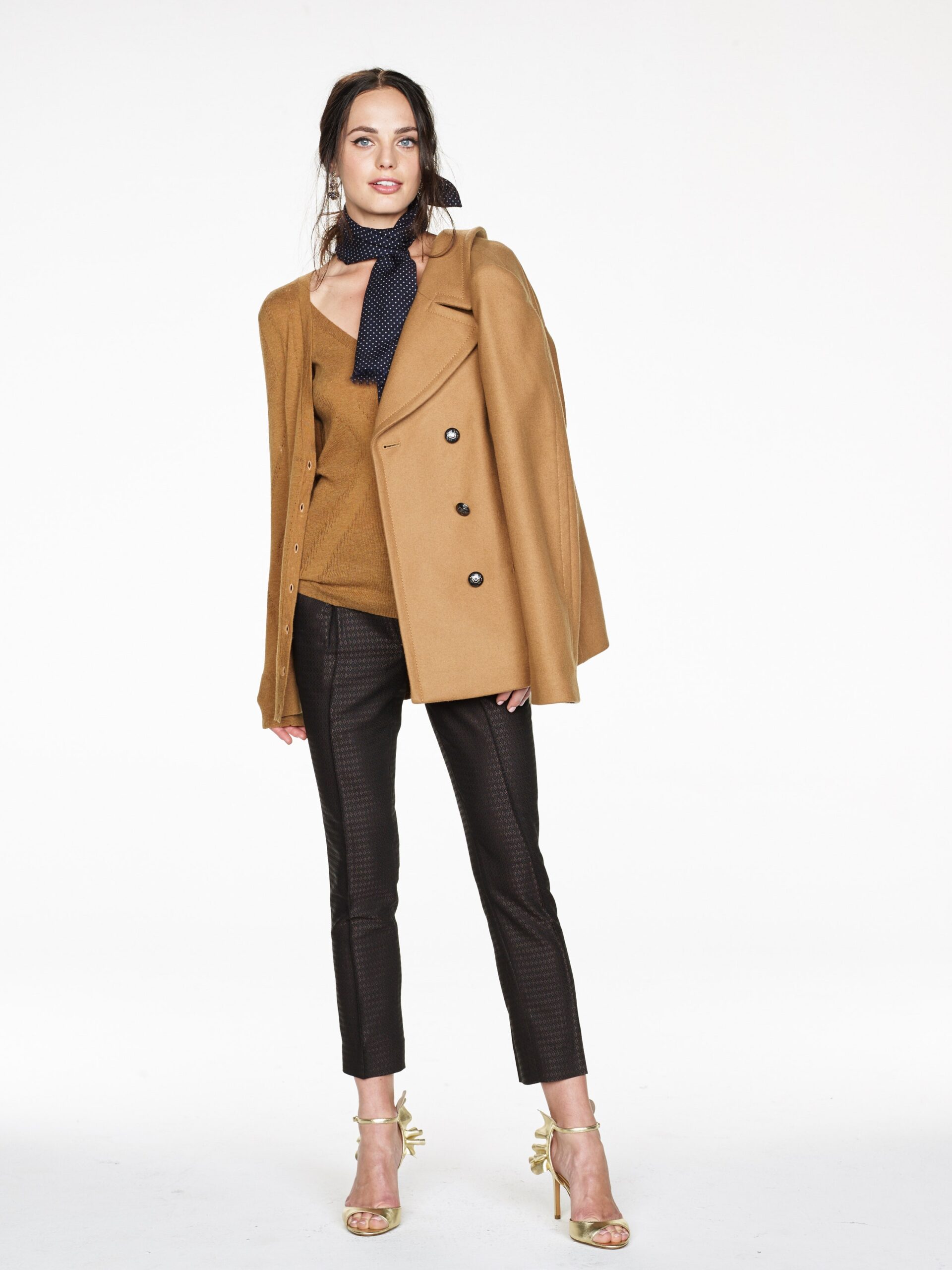 brown wool coat with beige top