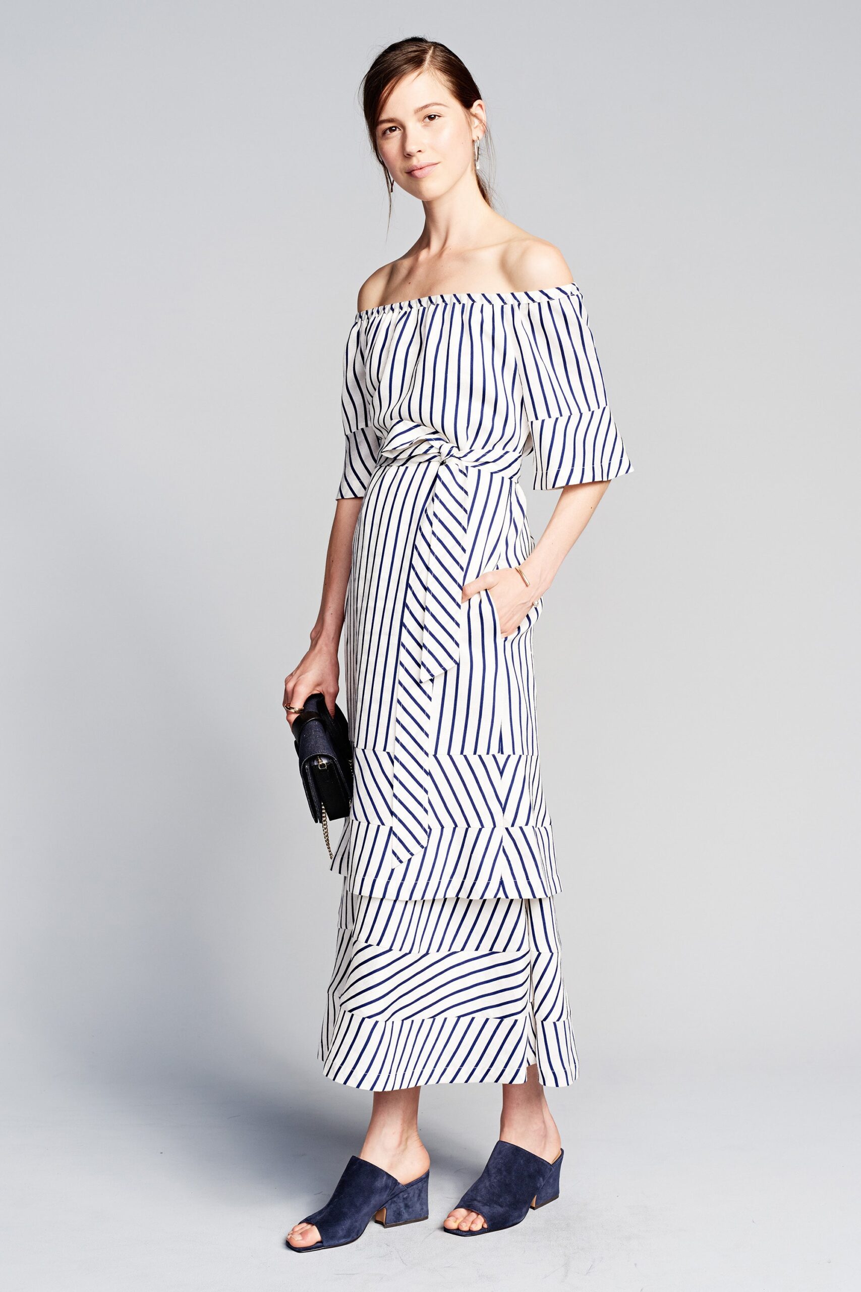 striped off-shoulder midi dress