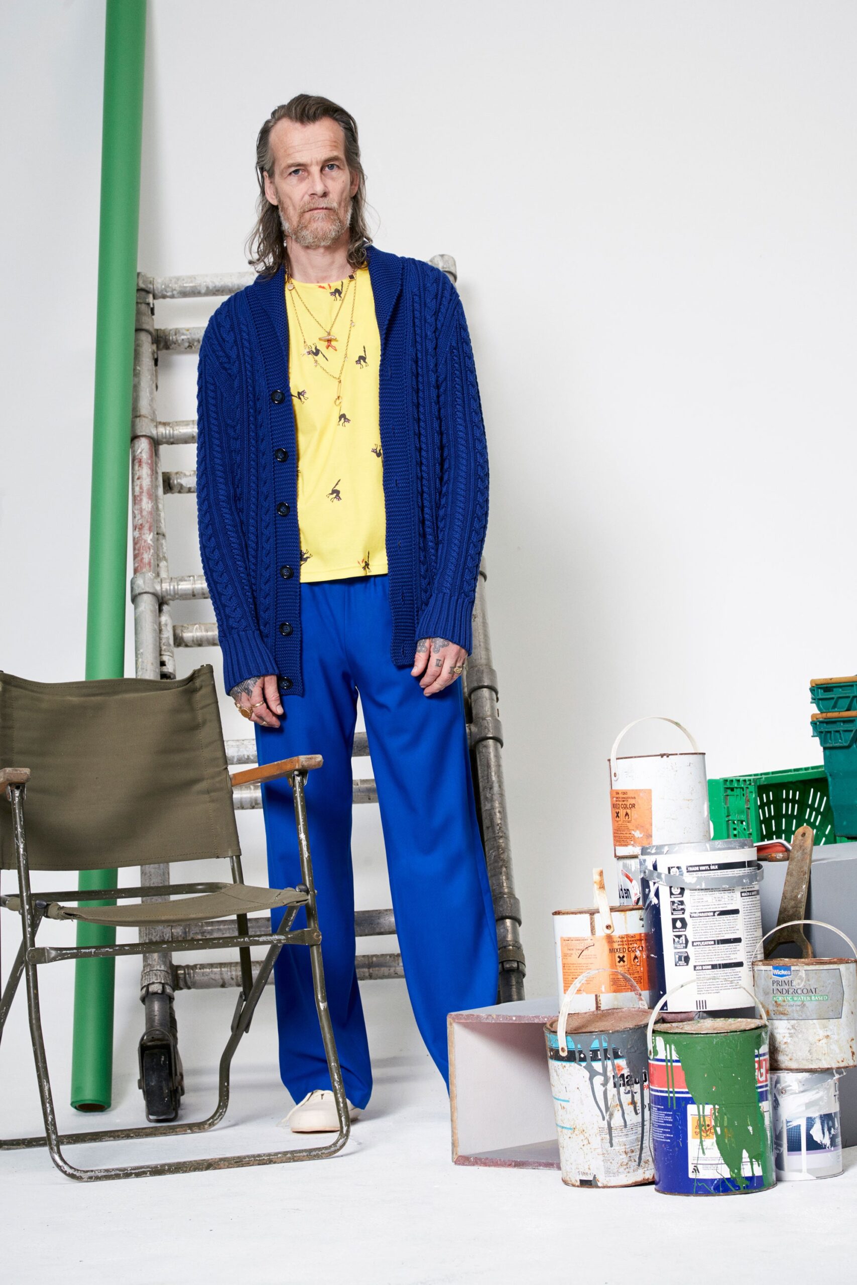 blue cardigan yellow t-shirt blue pants