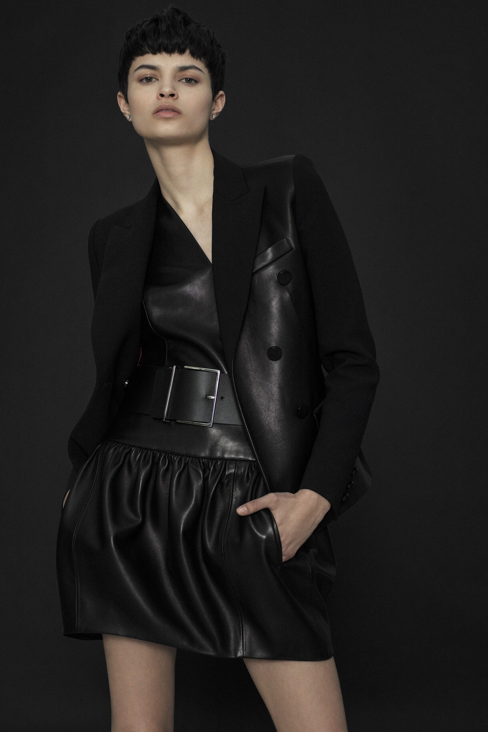 black leather long-sleeve collared tailored structured blazer