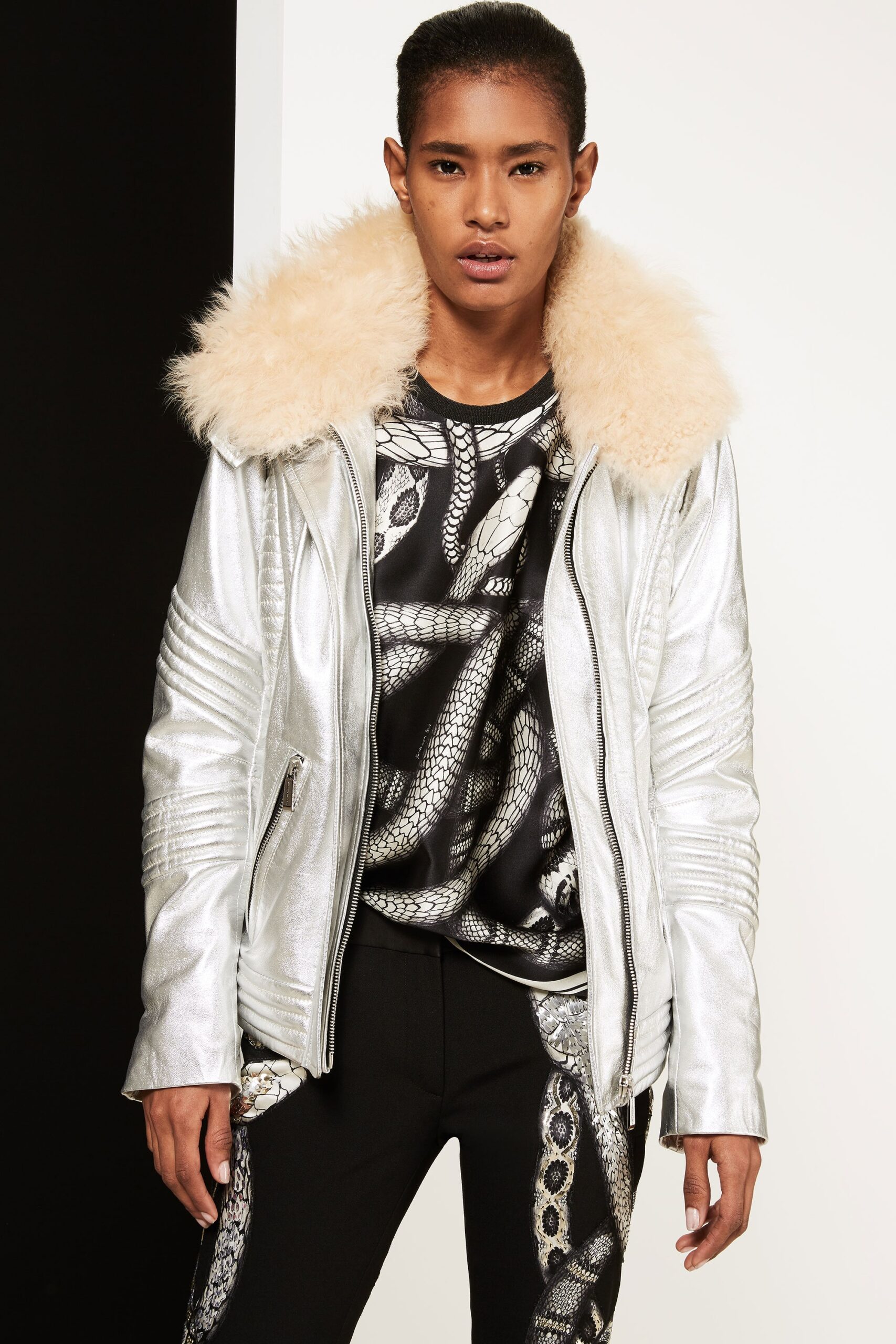 gray leather long-sleeve collared fitted zippered shiny jacket