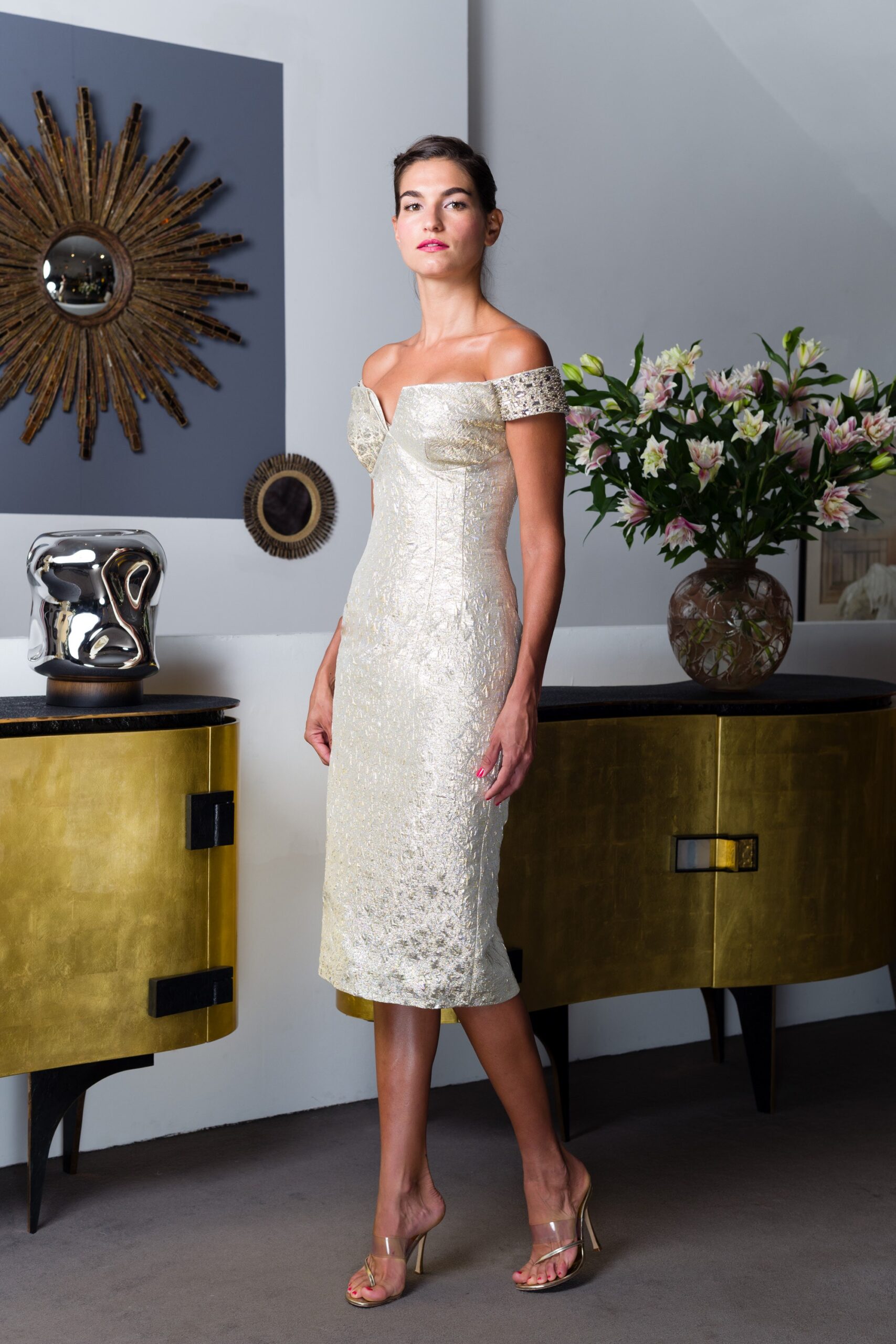 gold lace off-shoulder dress