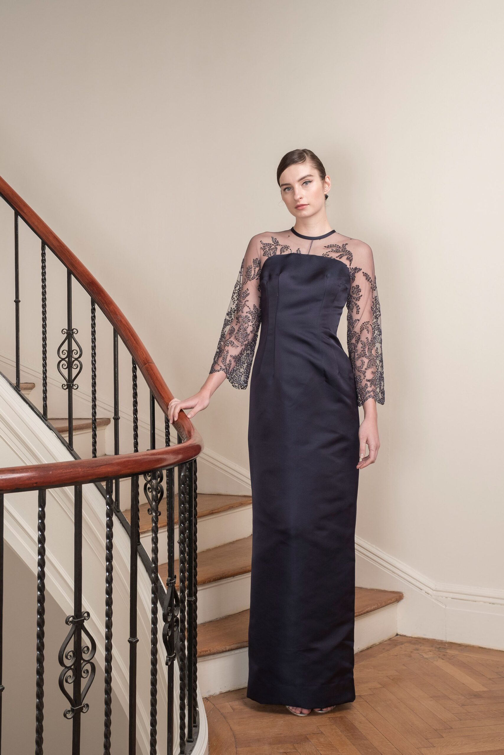 black silk embroidered gown