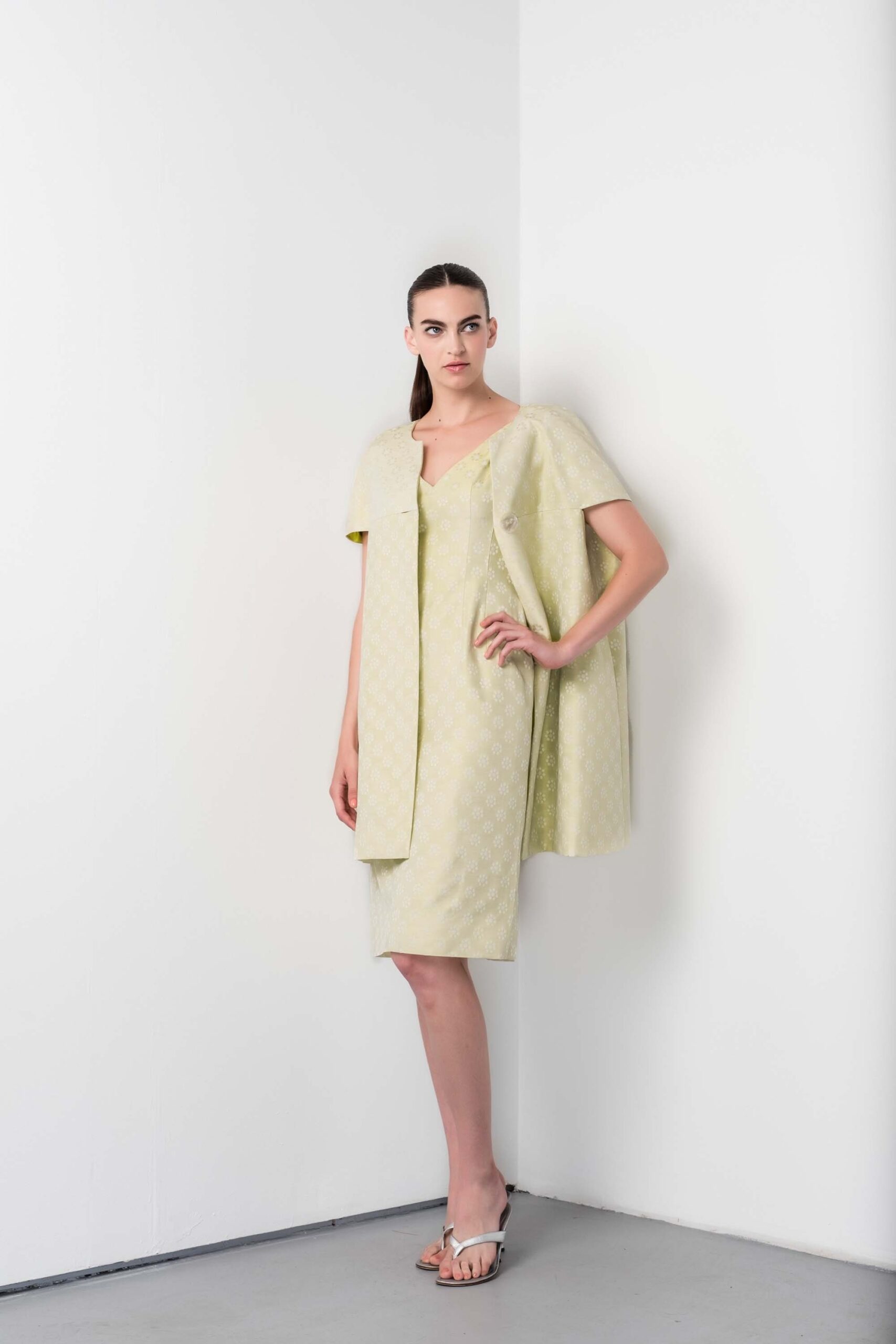 yellow cotton sleeveless v-neck fitted straight-leg mini dress