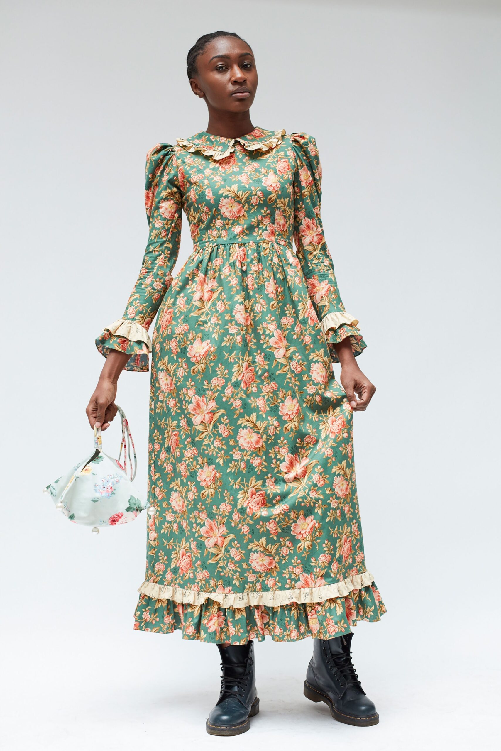 floral green maxi dress with bag