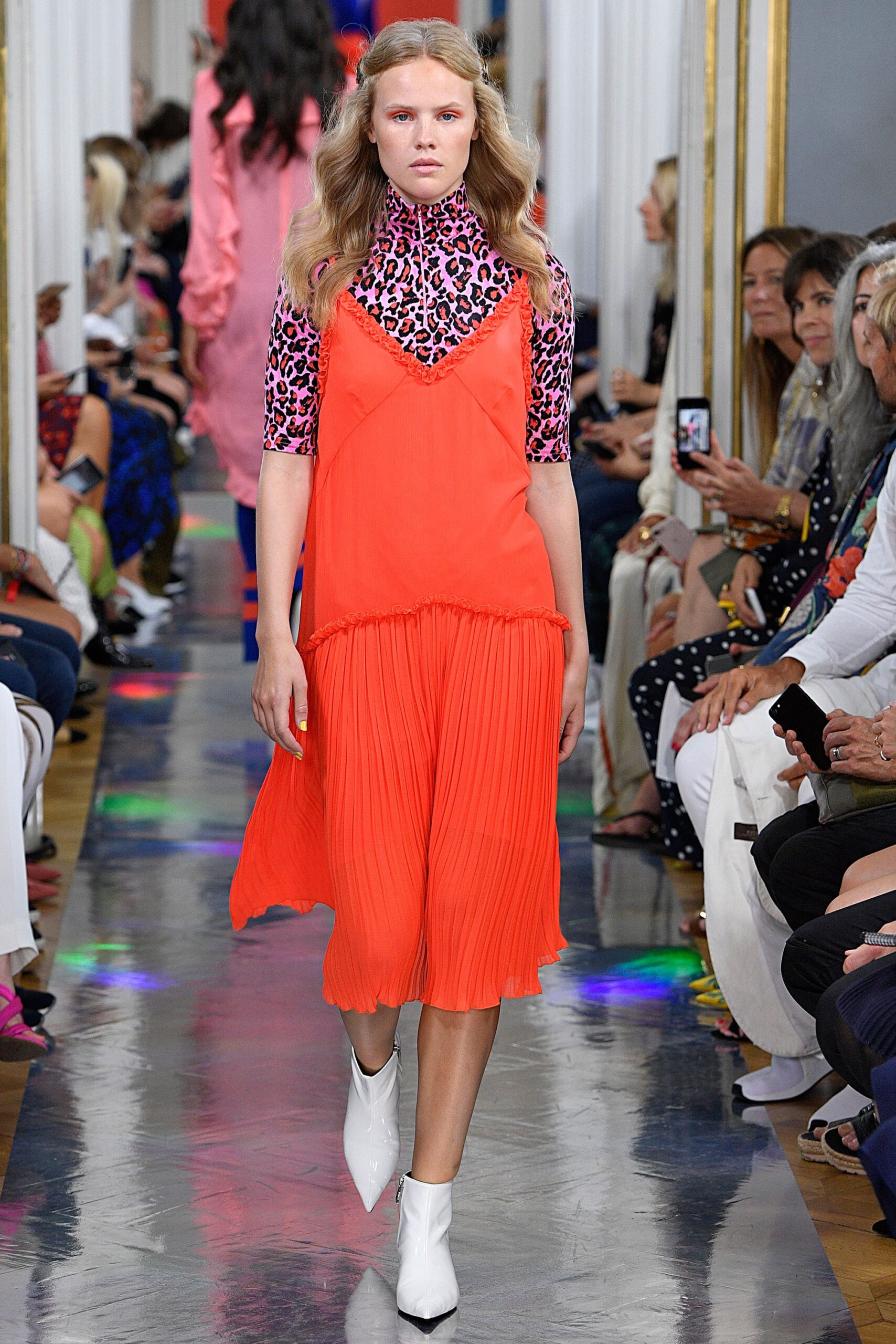 orange pleated midi dress with animal-print top