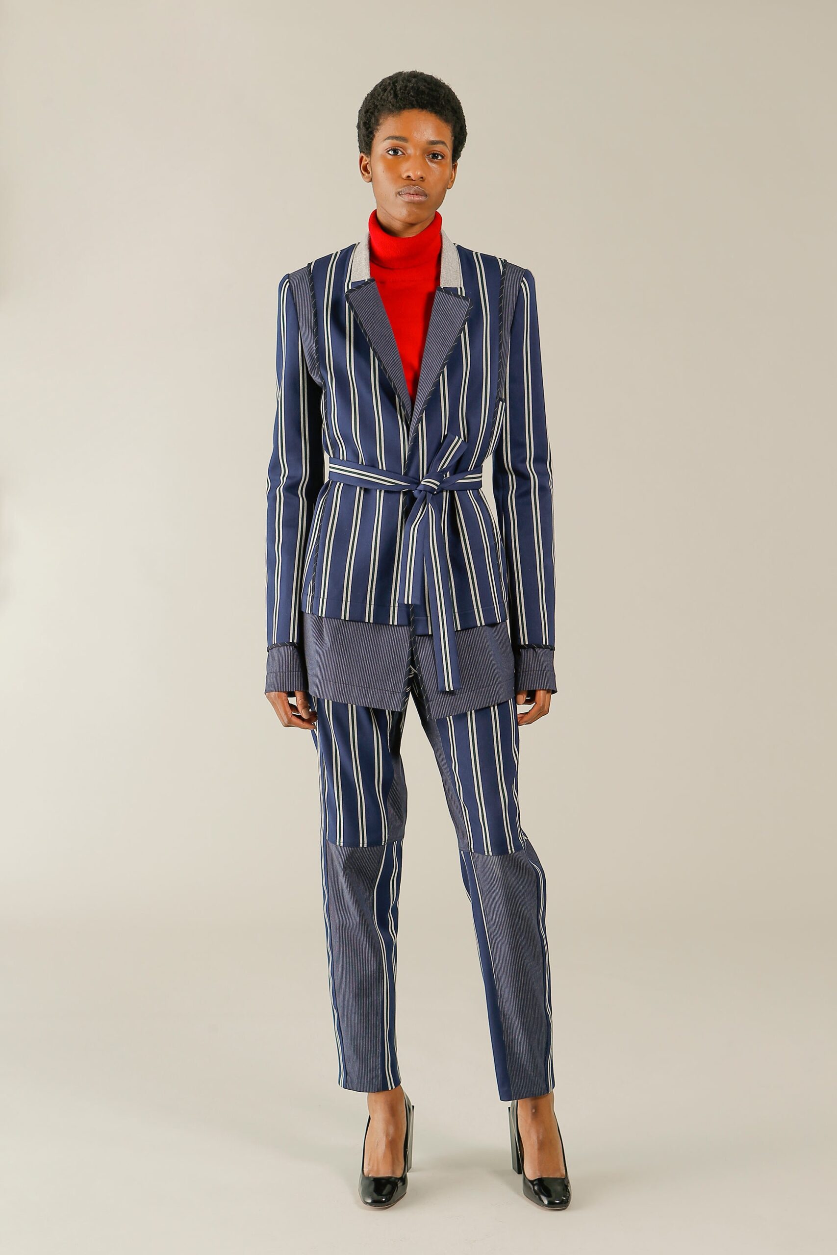 blue cotton long-sleeve collared tailored striped belted suit