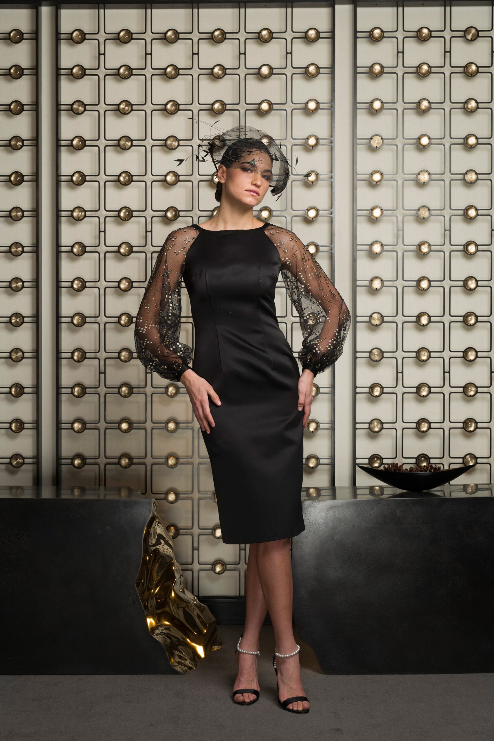 fitted black silk midi dress