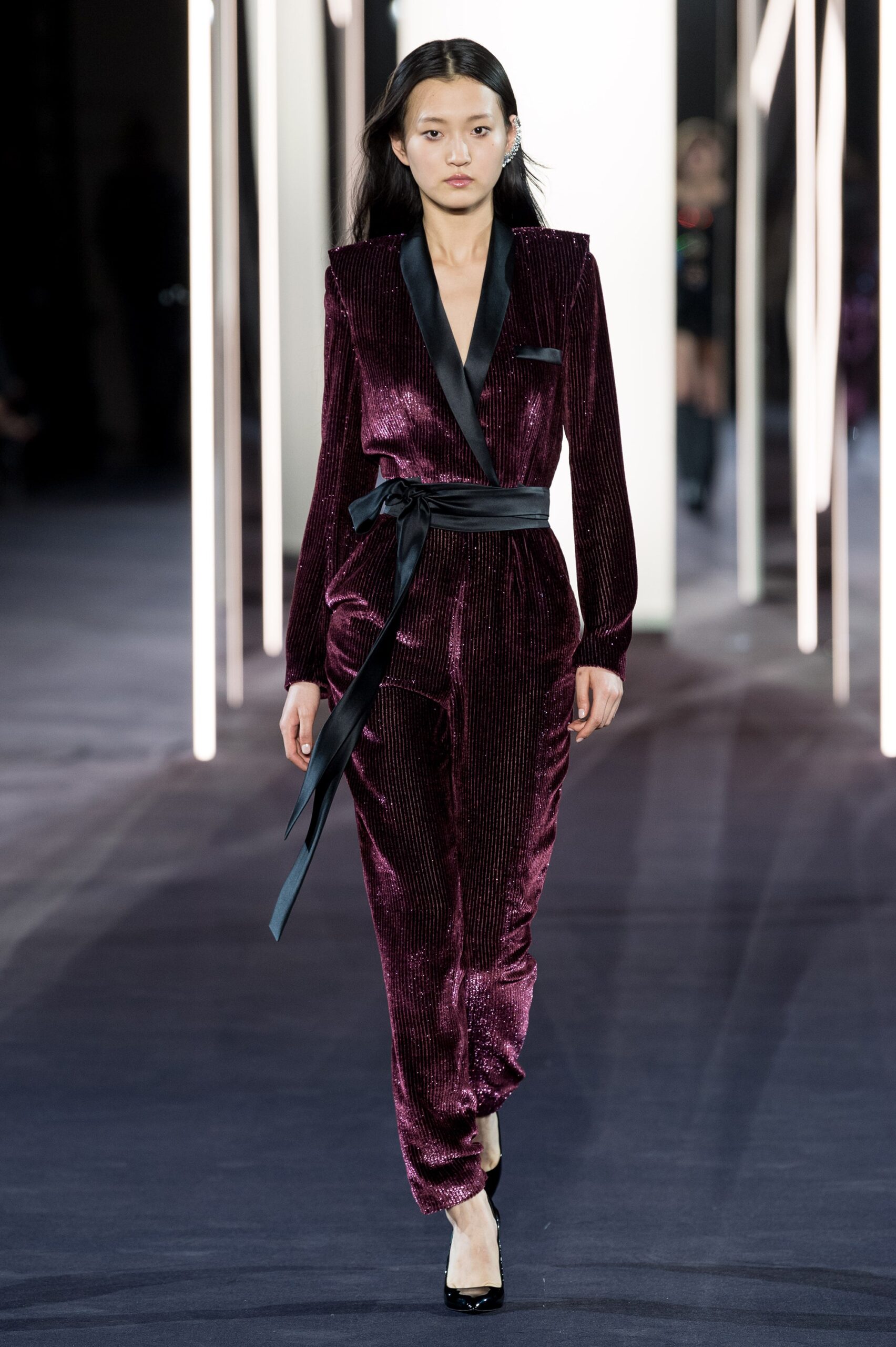 fitted purple velvet jumpsuit