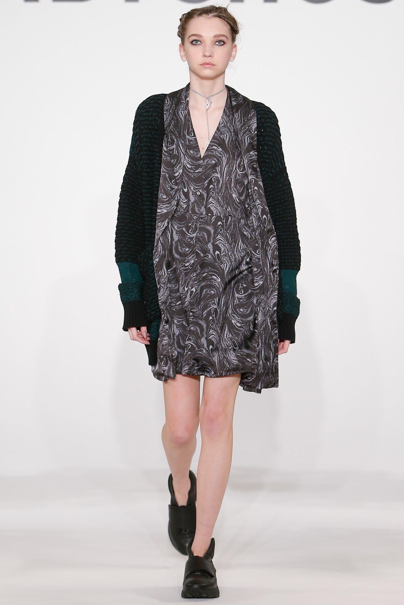 black gray printed mini dress with cardigan