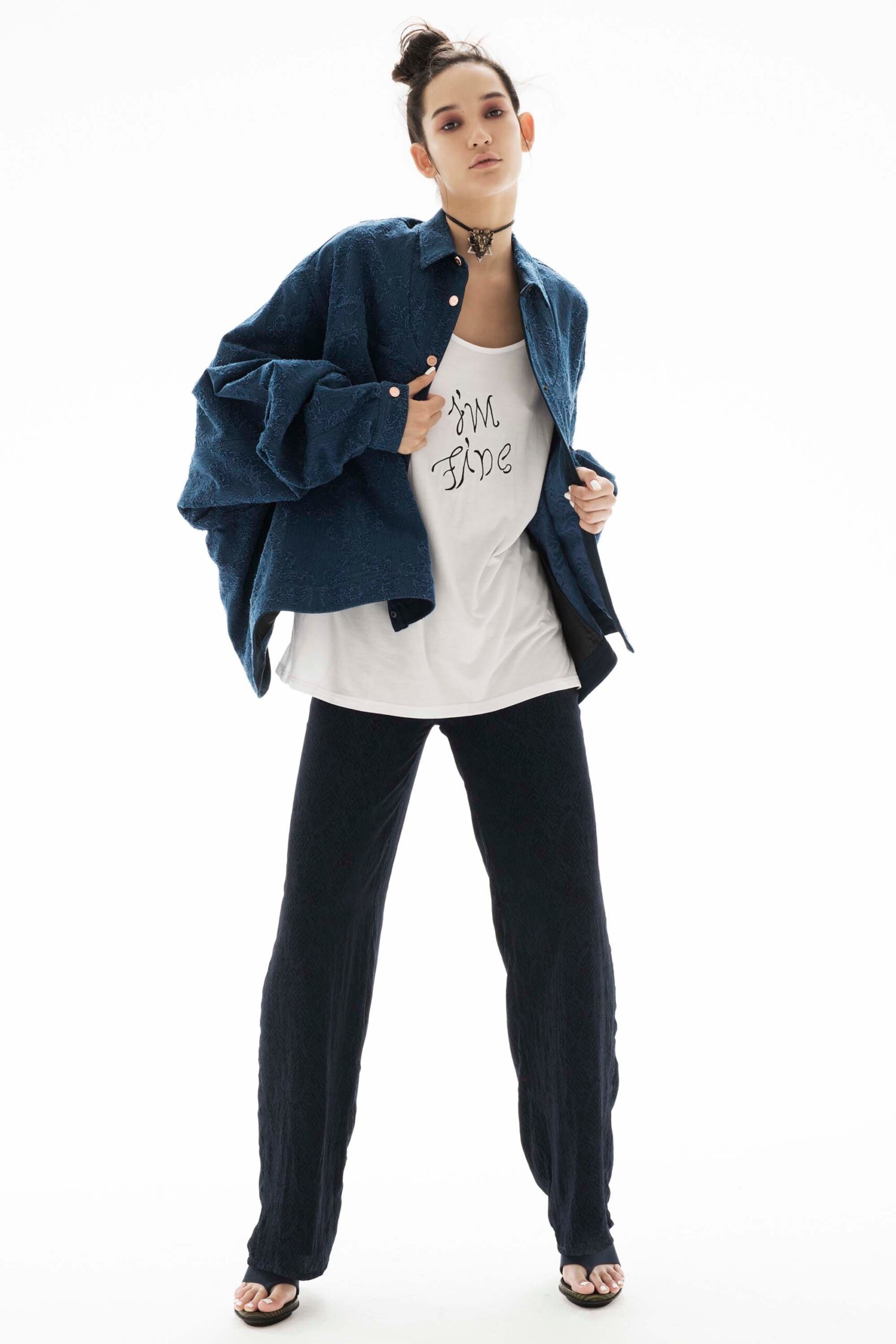 oversized denim shirt with relaxed top and wide-leg pants