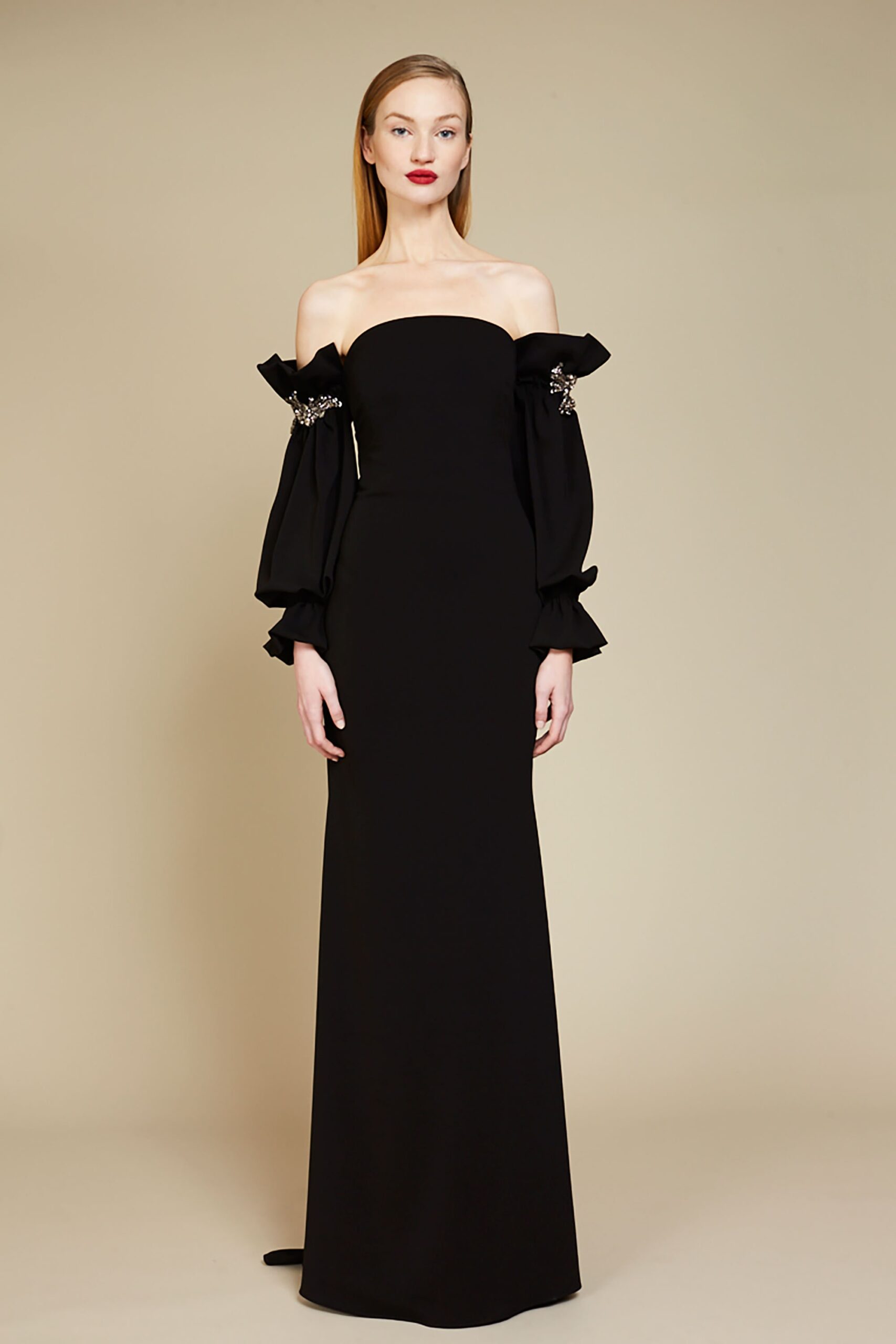 black silk off-shoulder gown