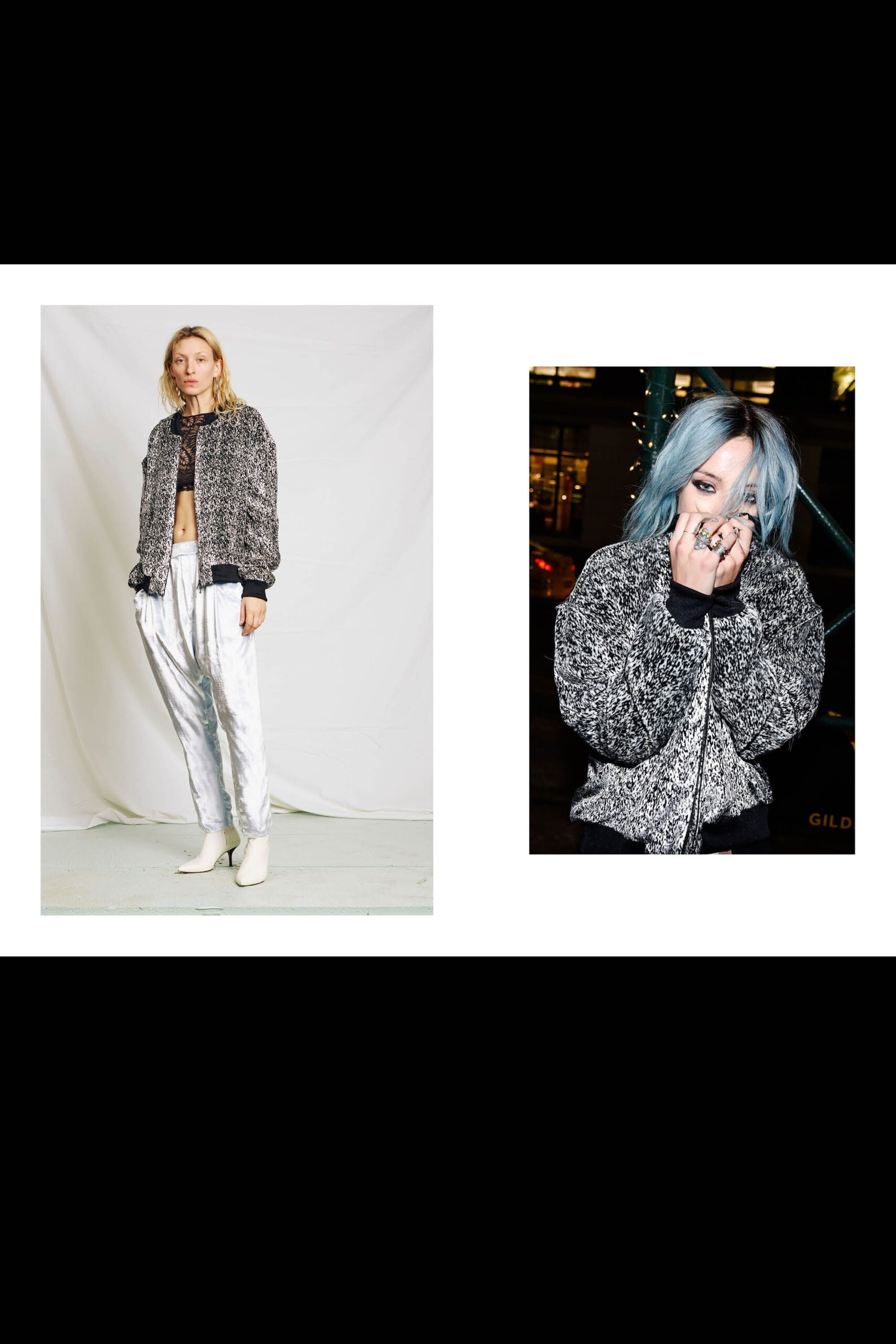 black and white fitted jacket with relaxed pants