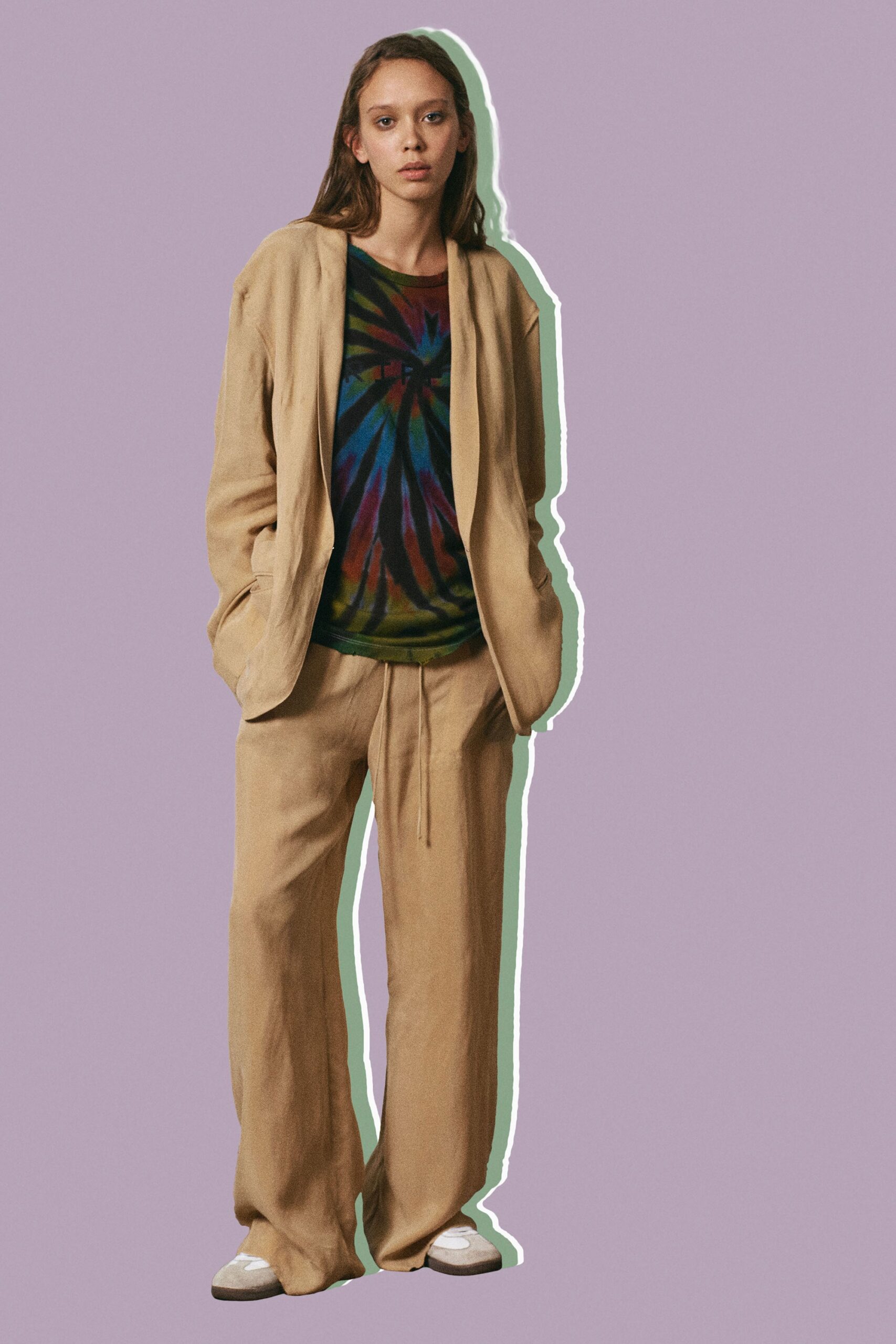 beige blazer with multi-colored top