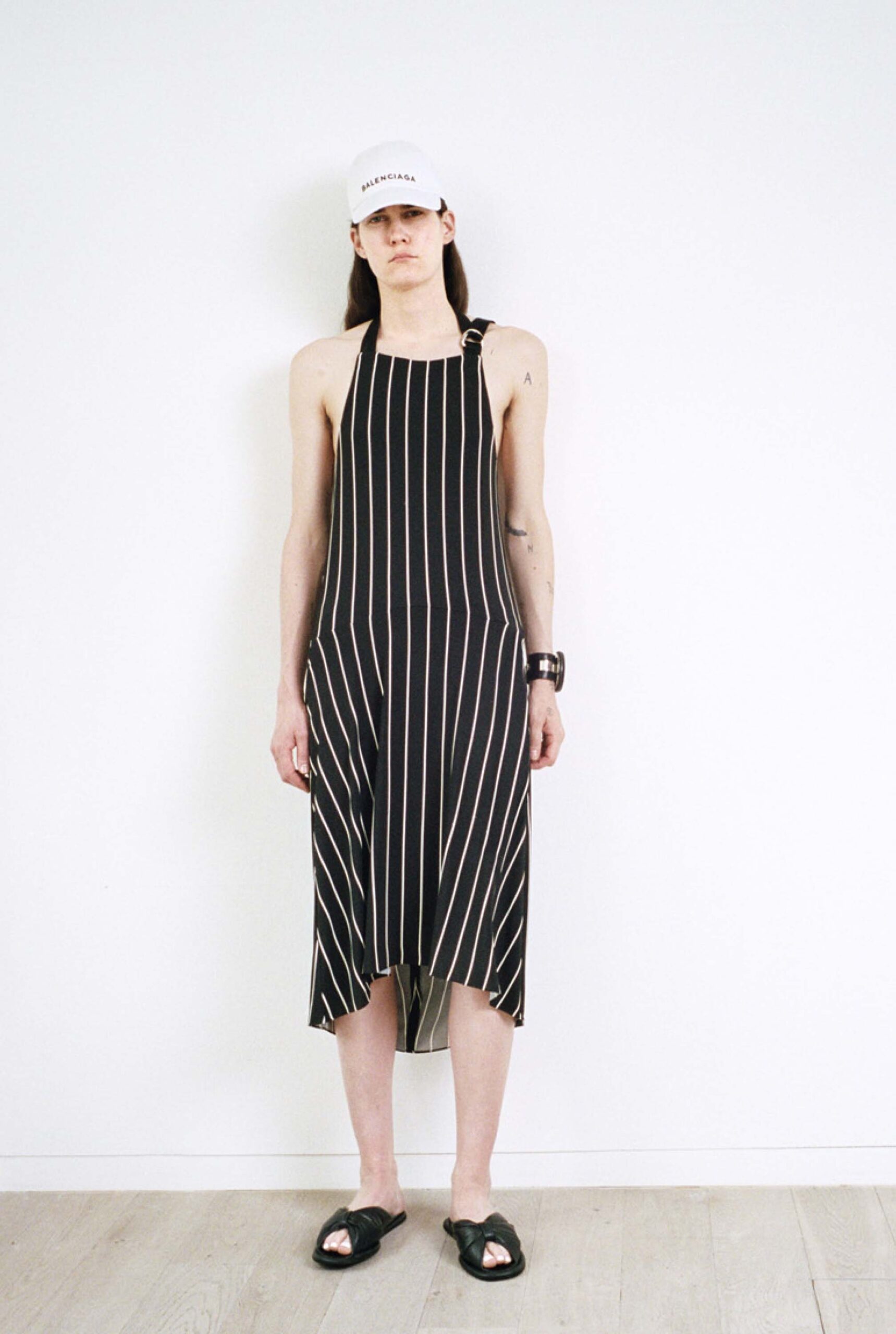 black and white striped midi dress