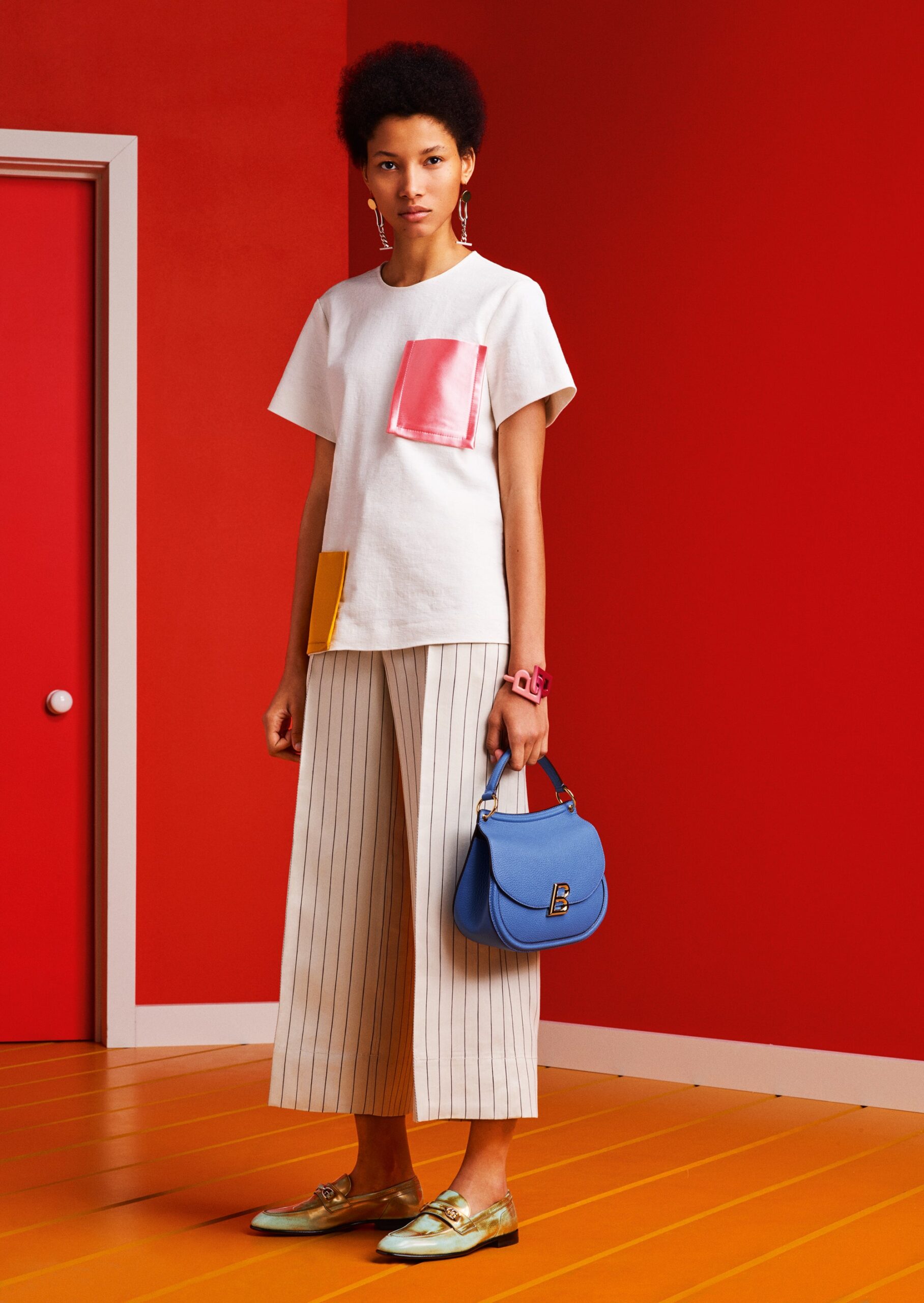 white color-blocked top with wide-leg pants