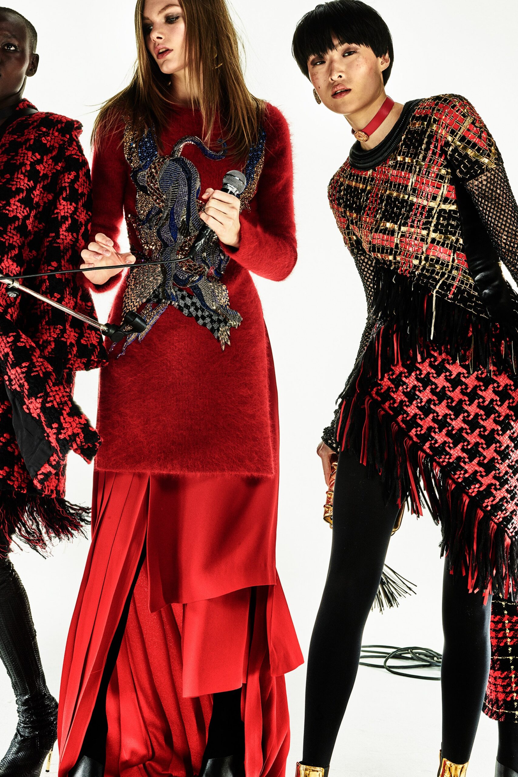 red wool fitted dress and black mesh top