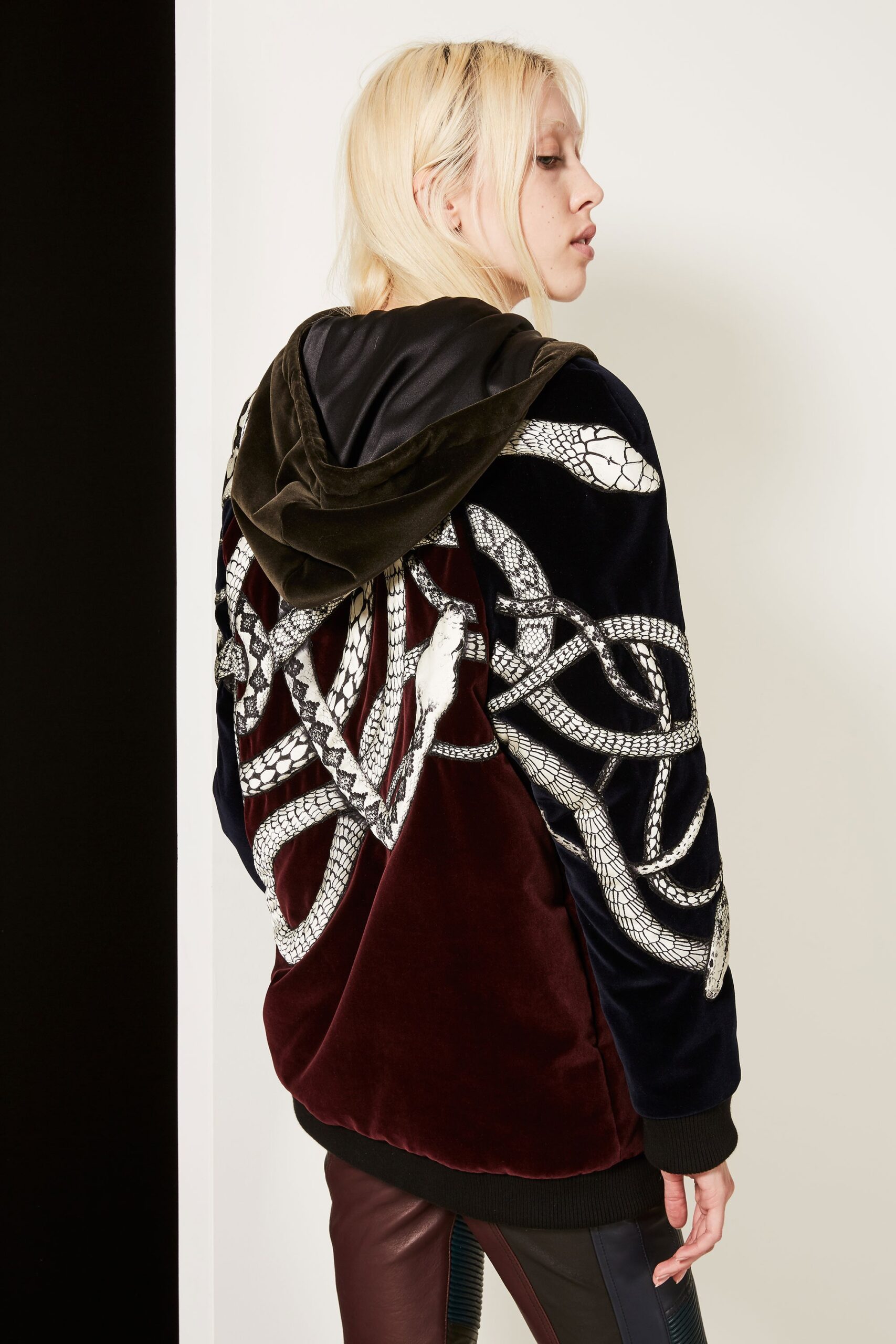 black velvet hoodie with embroidered design