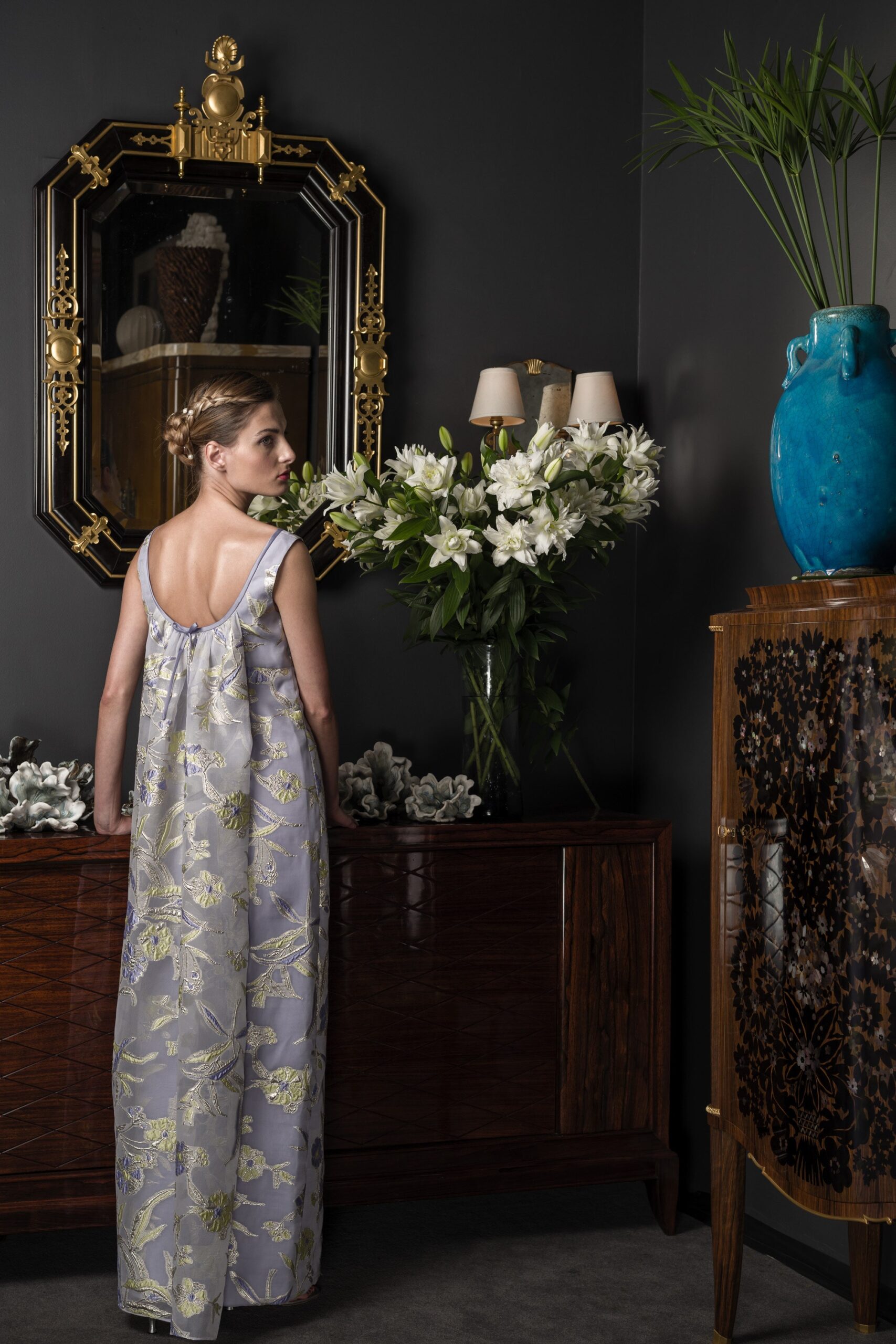 purple silk floral gown