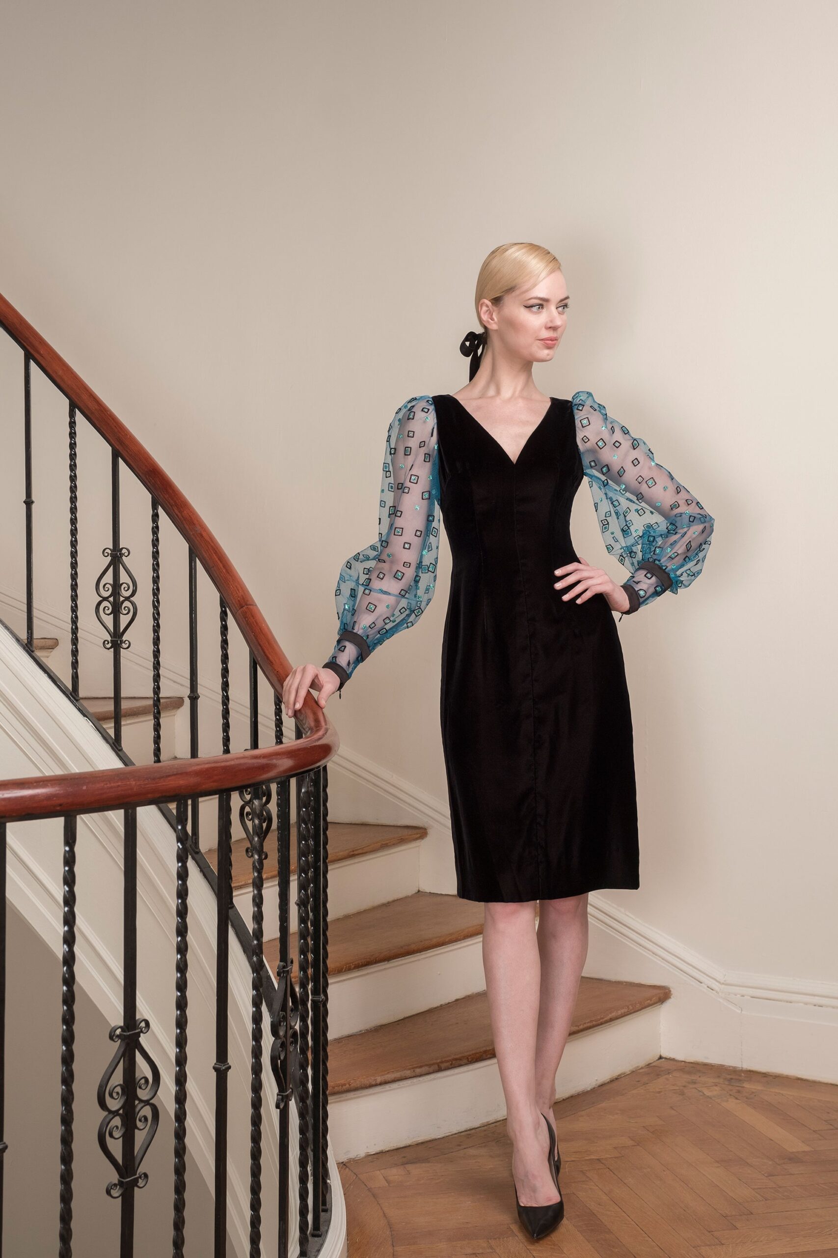 black velvet midi dress with blue sleeves