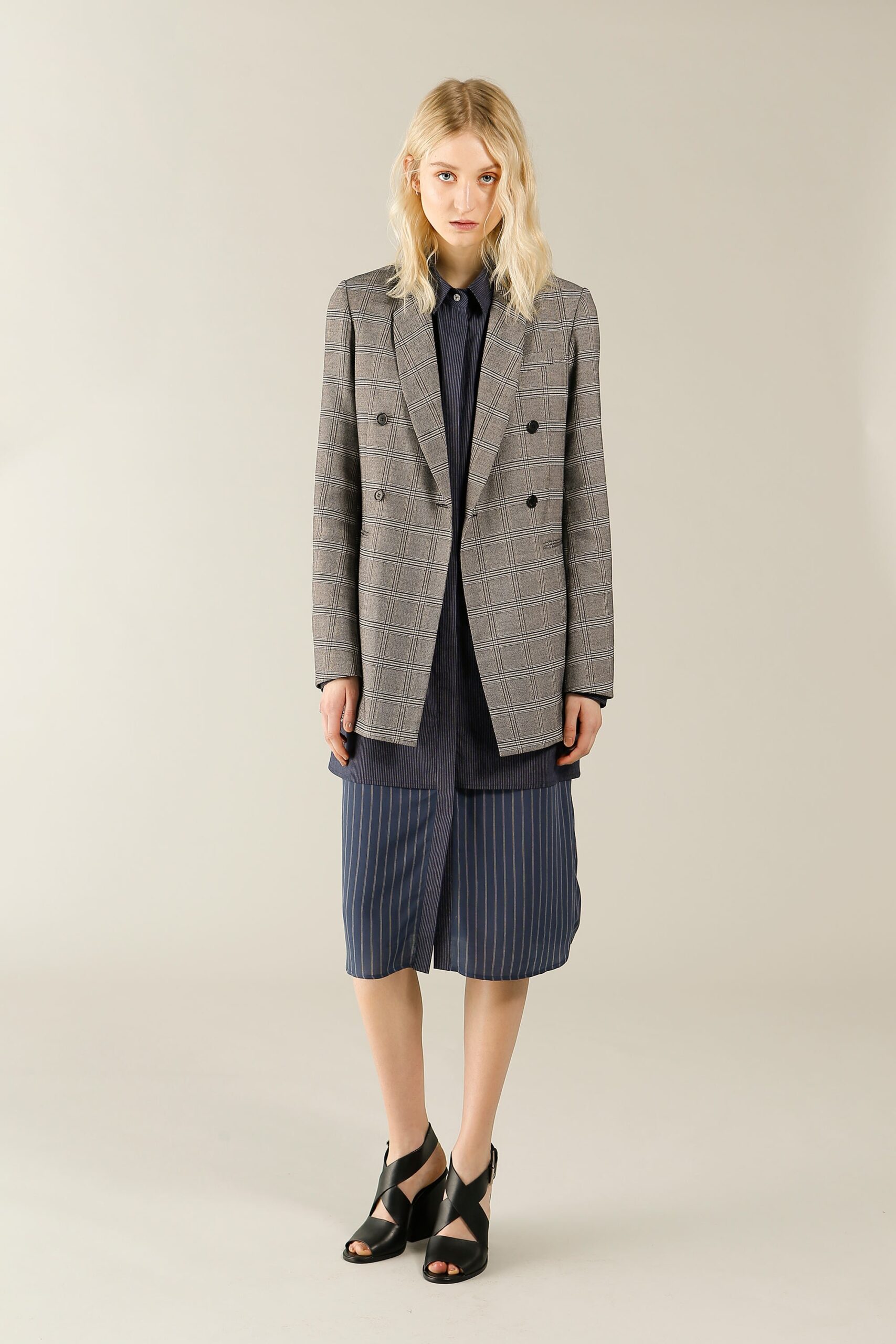 gray checked blazer with blue shirt