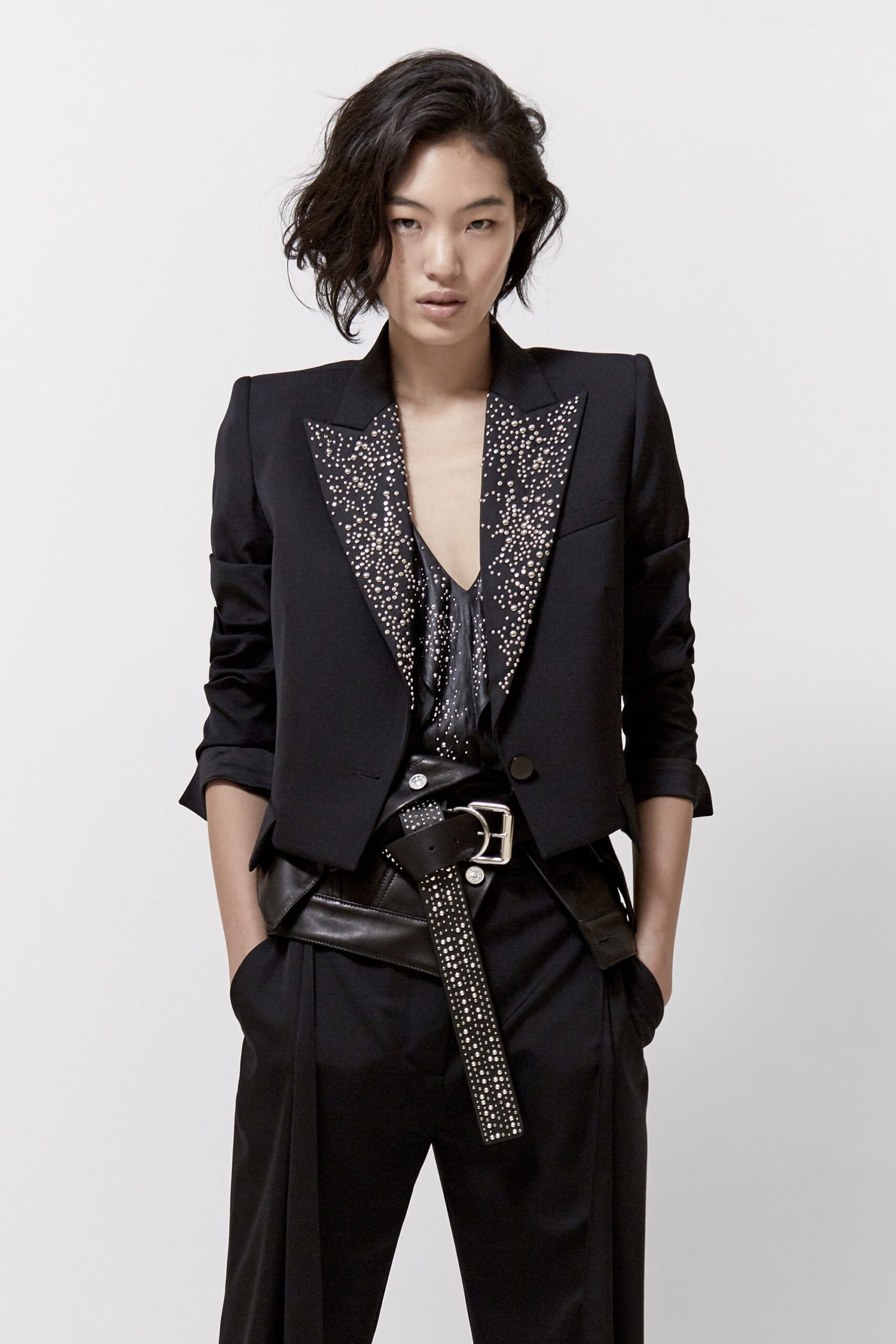 black tailored blazer with embellished top