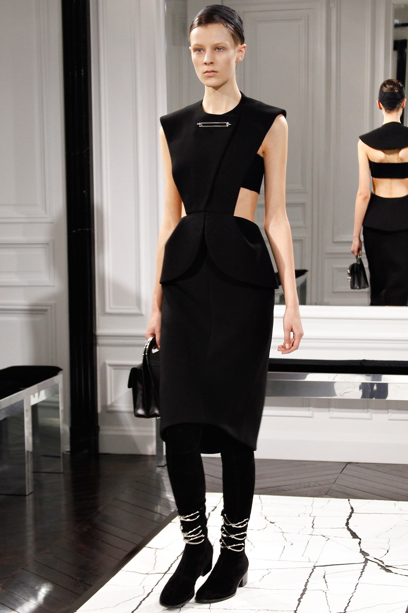 black wool sleeveless v-neck fitted structured flared dress