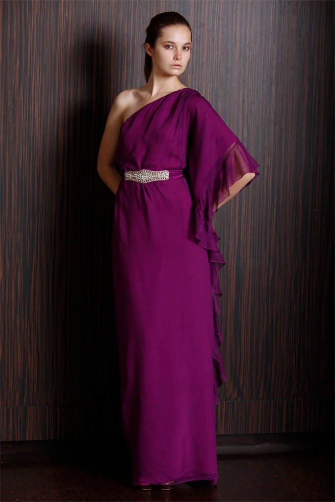 purple chiffon one-shoulder gown