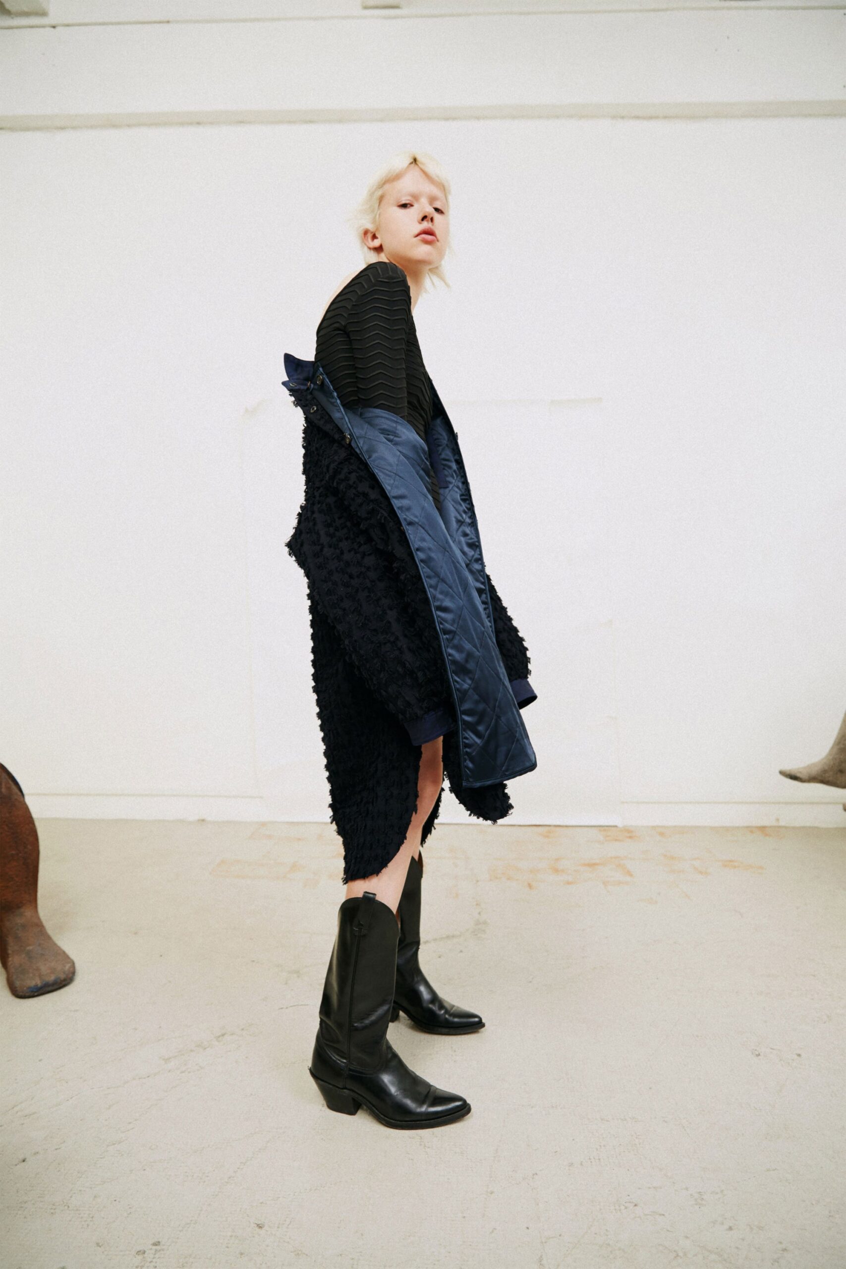 blue satin sleeveless oversized draped coat