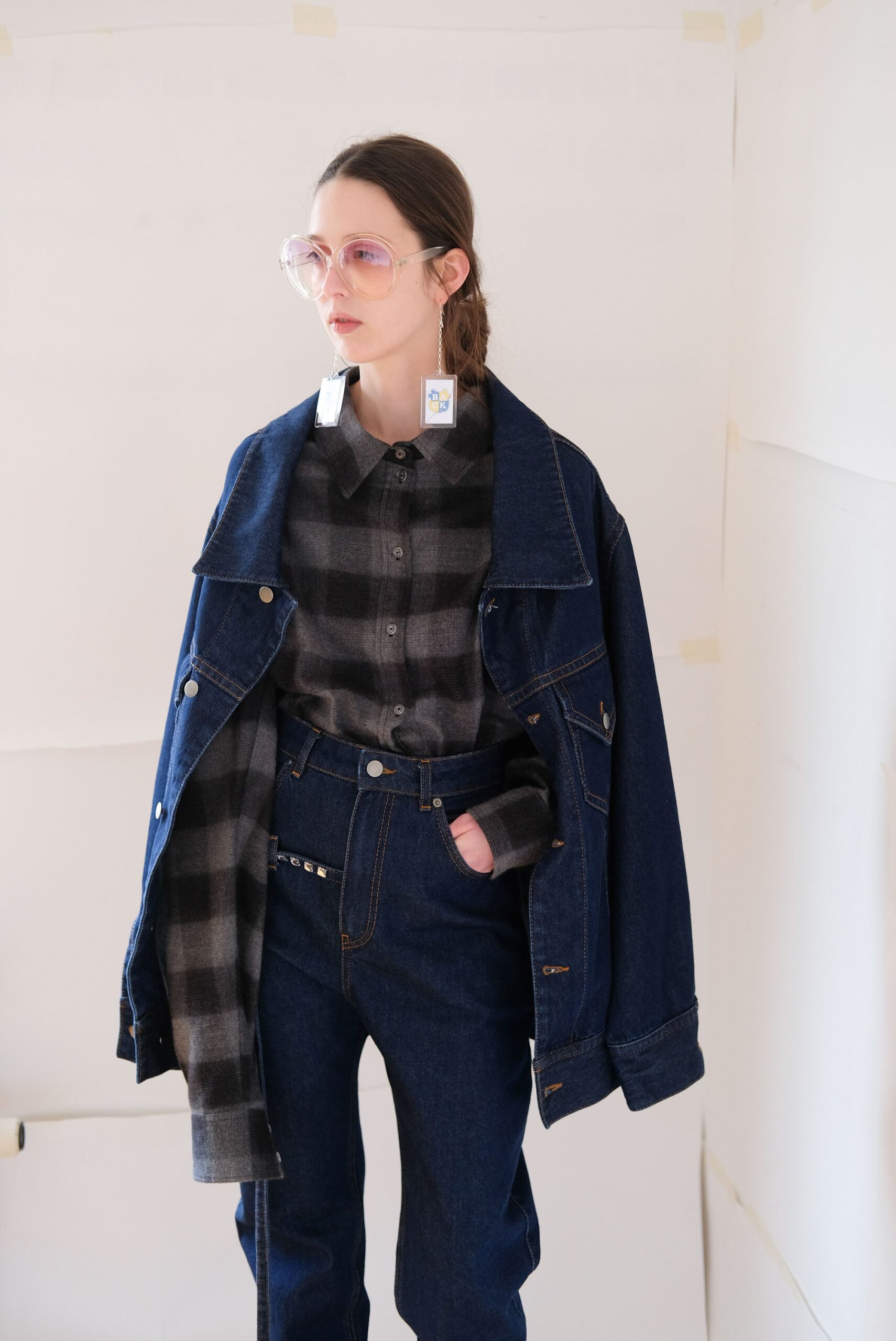 oversized denim jacket with checked shirt