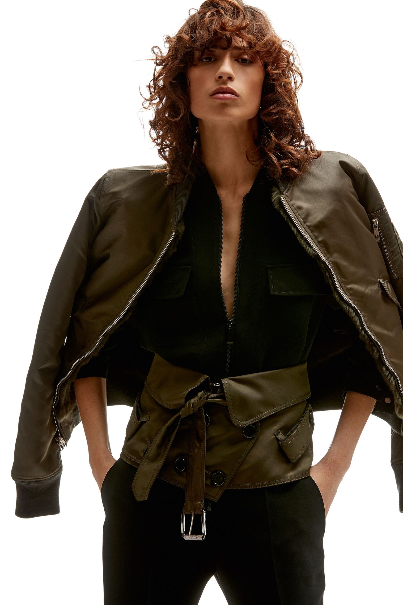 green relaxed jacket with black catsuit