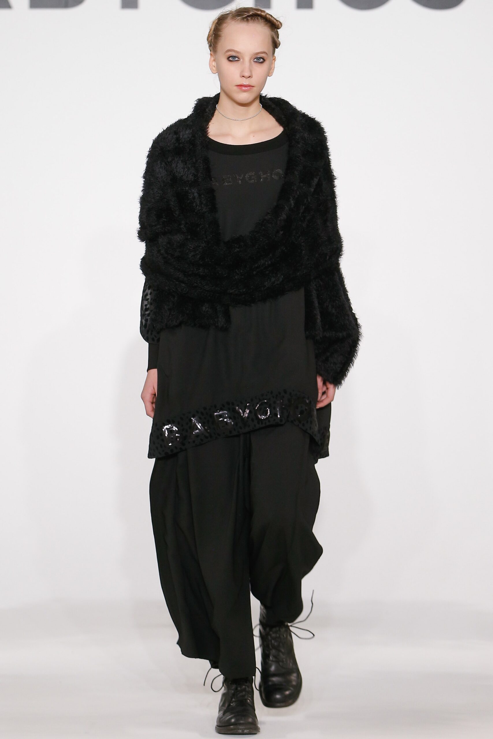 black faux-fur long-sleeve high-neck relaxed layered midi dress
