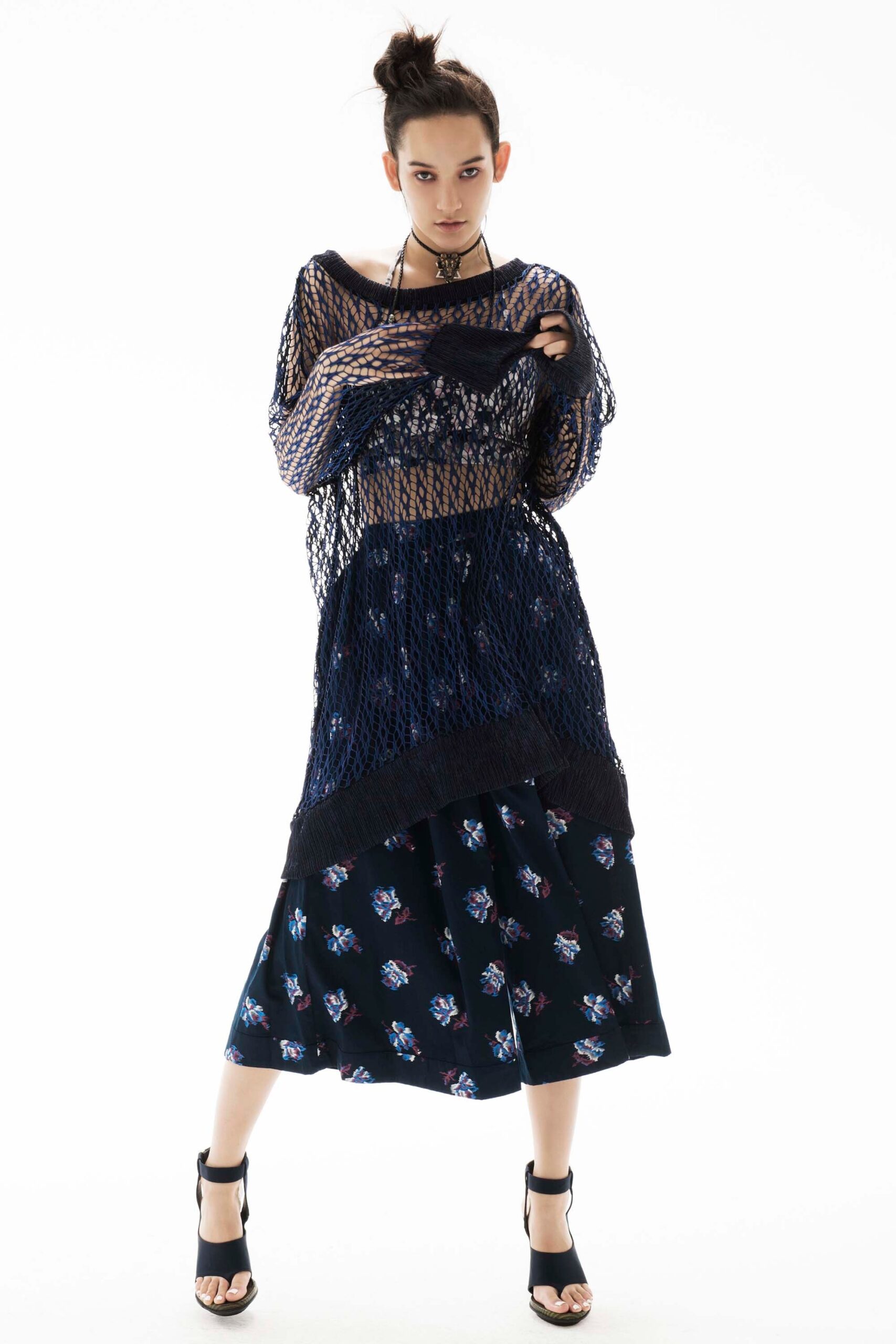 black mesh off-shoulder top and layered midi dress