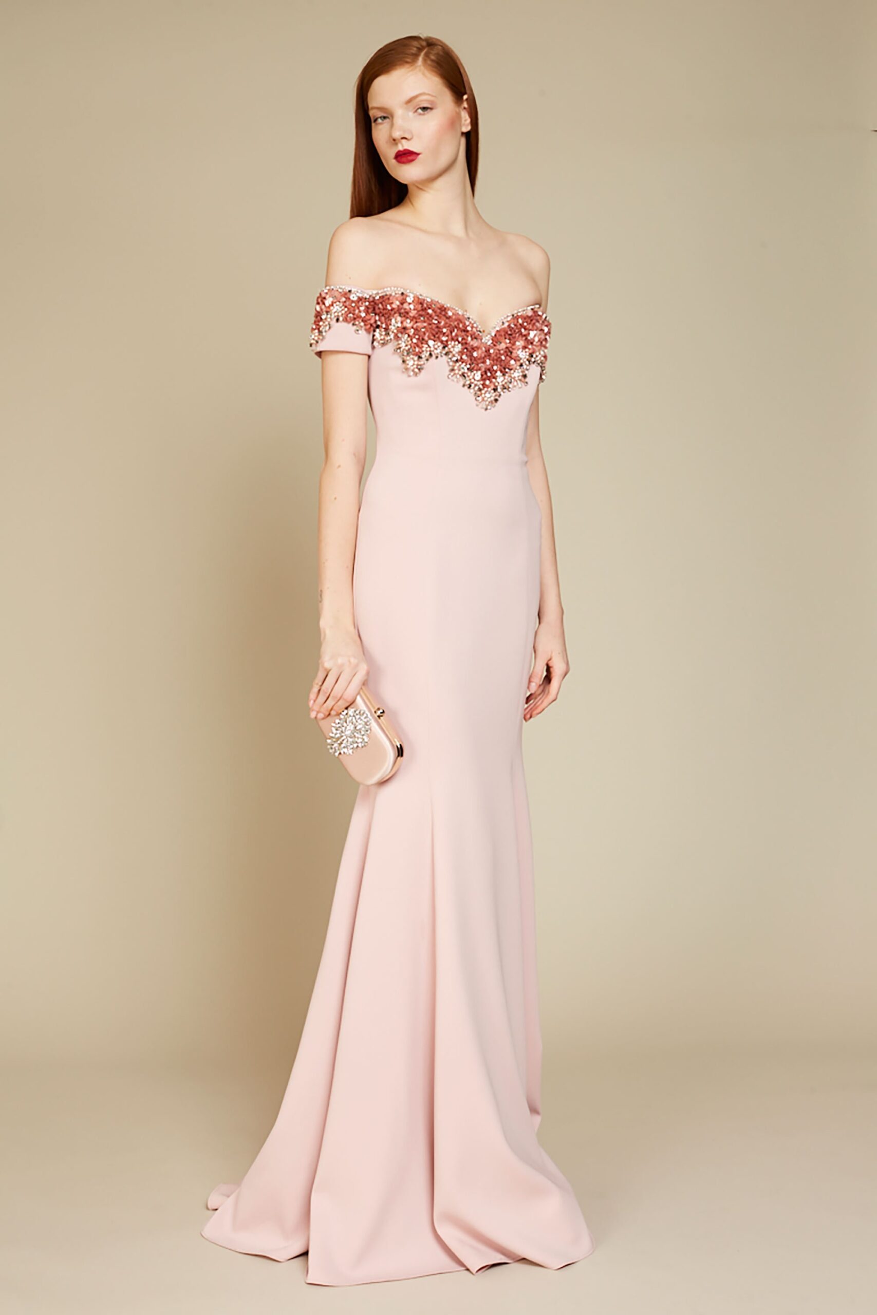 pink off-shoulder embellished gown