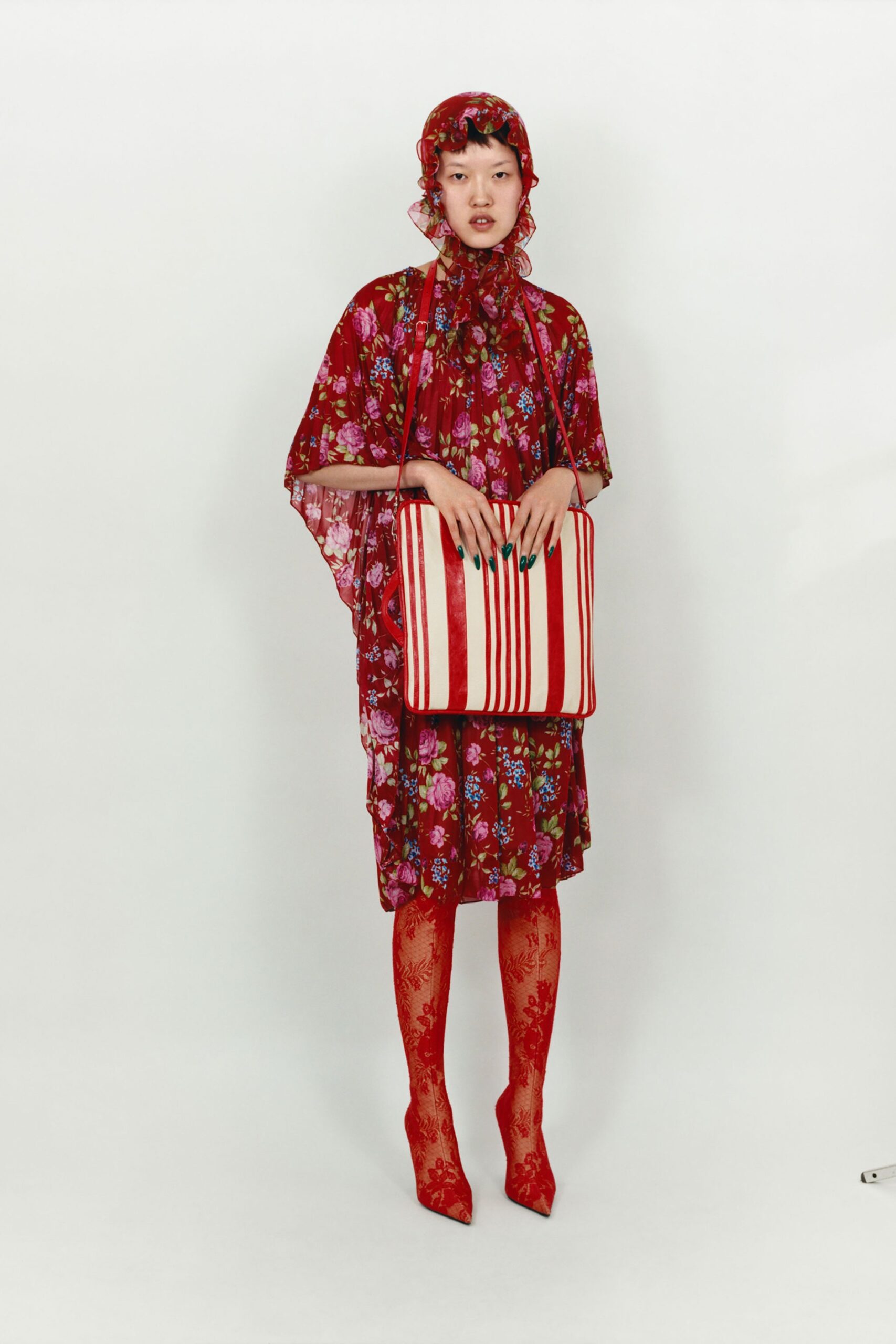 red chiffon sleeveless oversized floral flowing cape