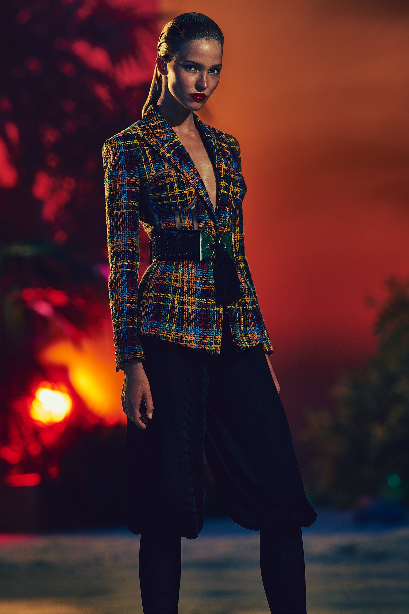 multi-colored tailored blazer with relaxed pants