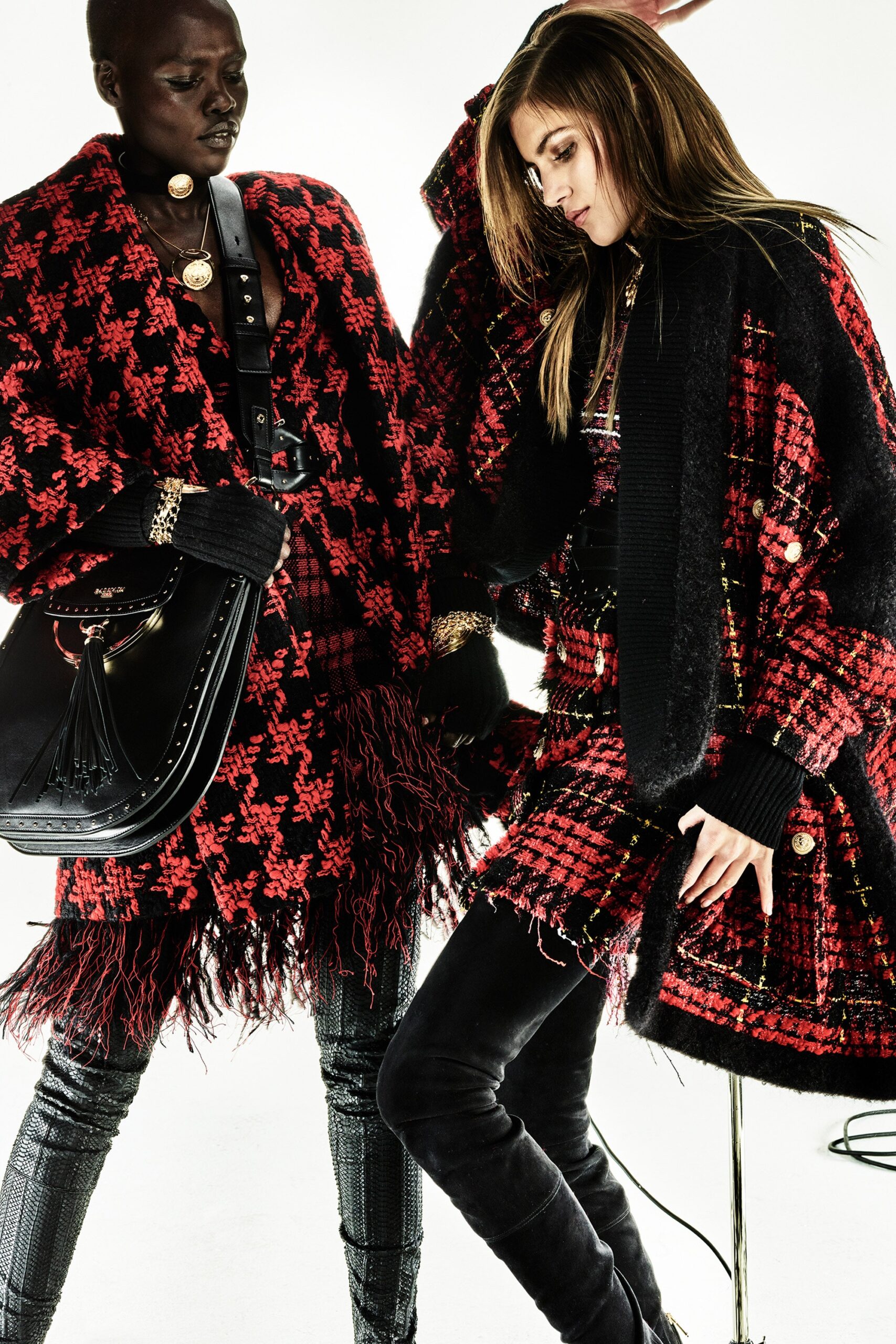 red and black wool dress and coat