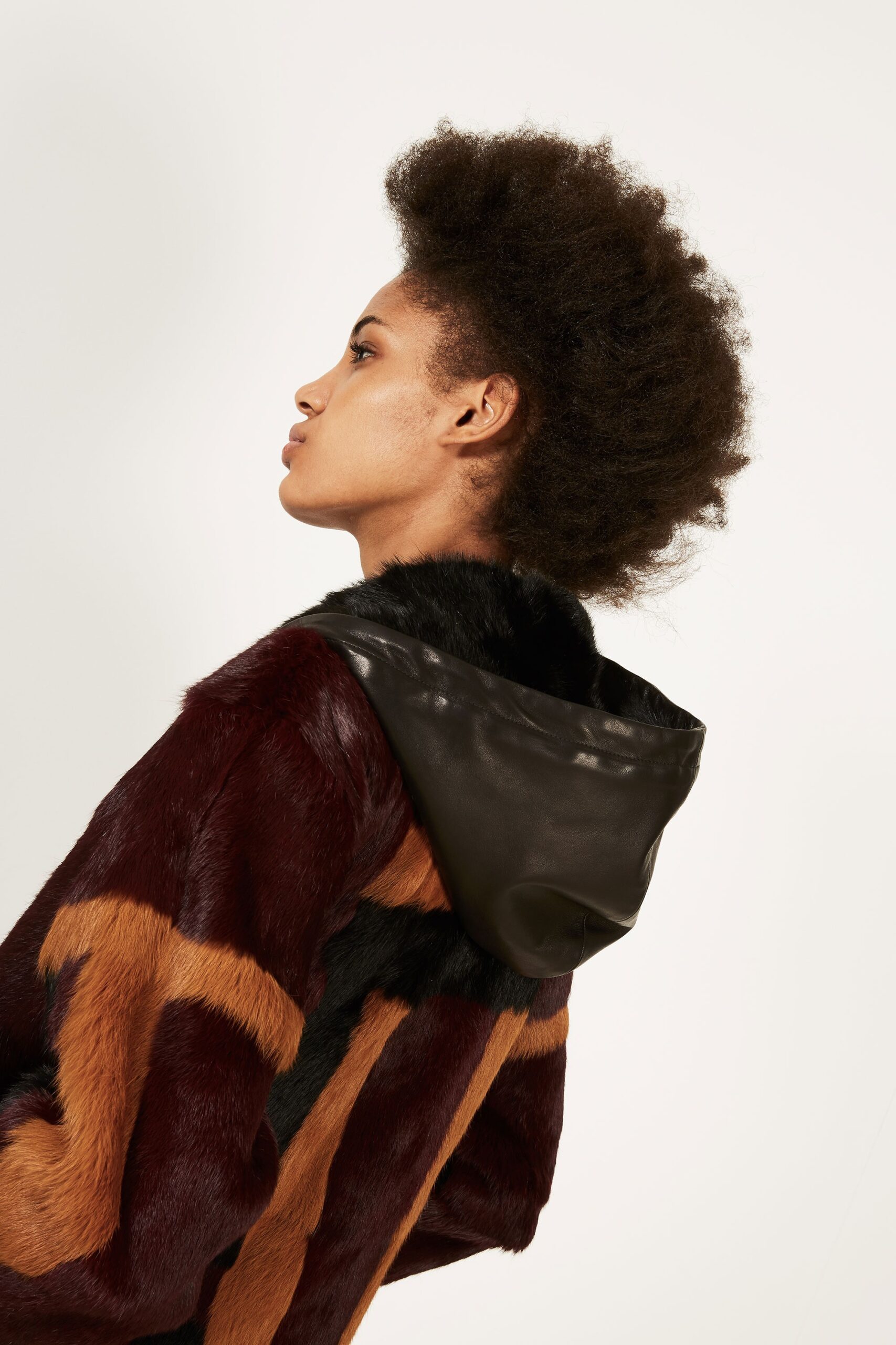 color-blocked fur coat with hood