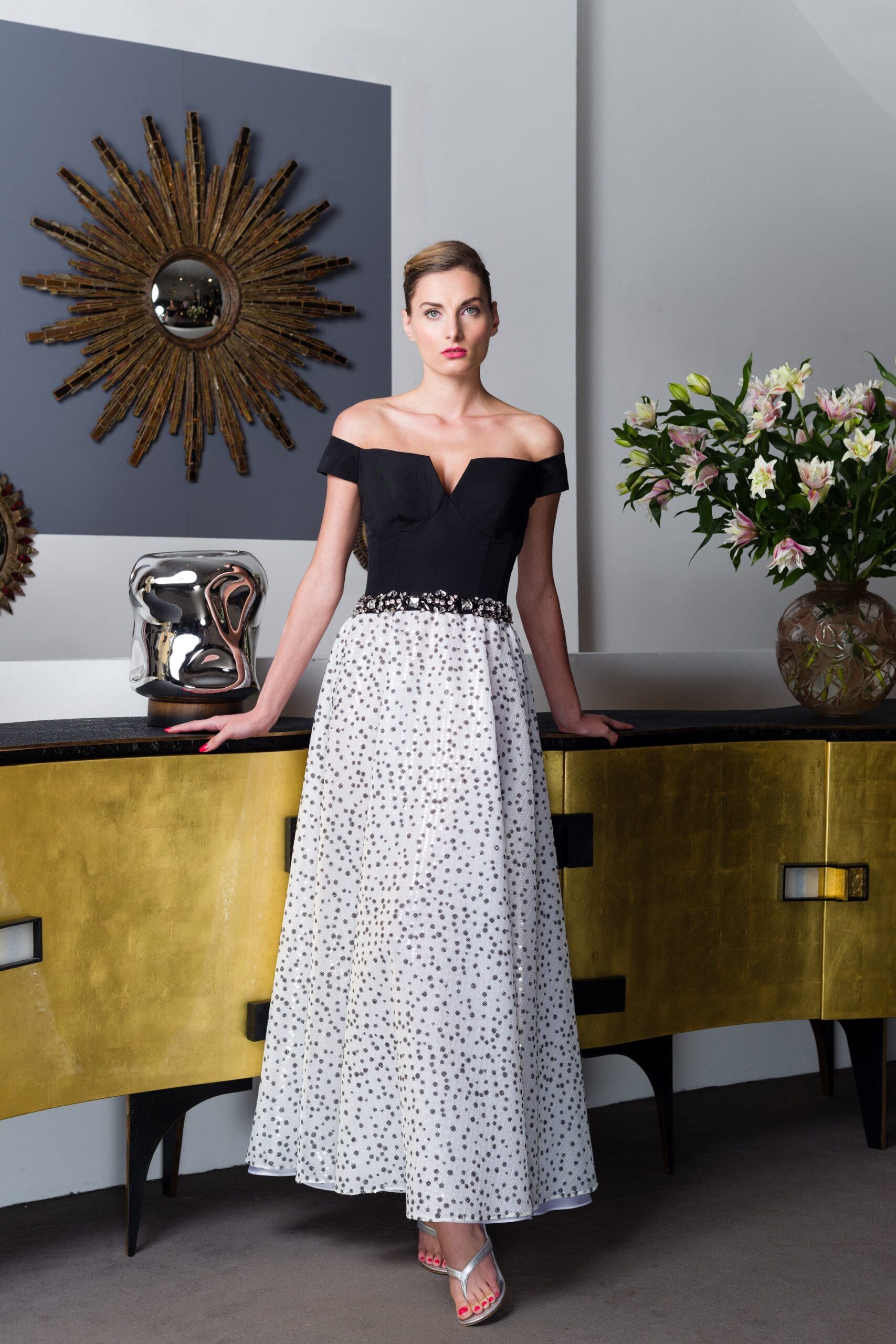 black and white off-shoulder gown