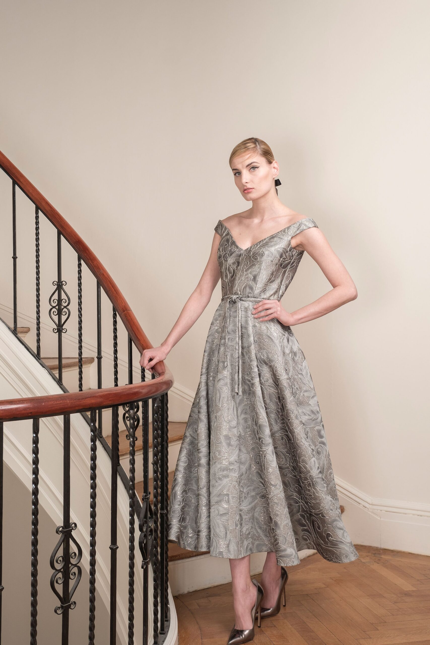 gray silk off-shoulder dress