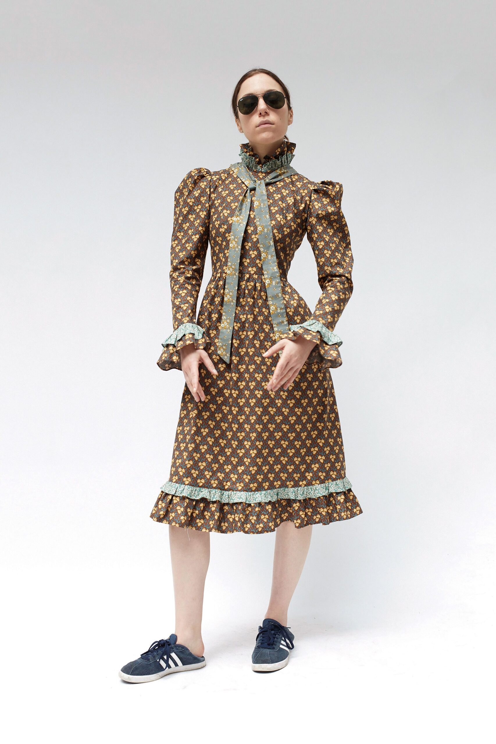 brown cotton midi dress with ruffles