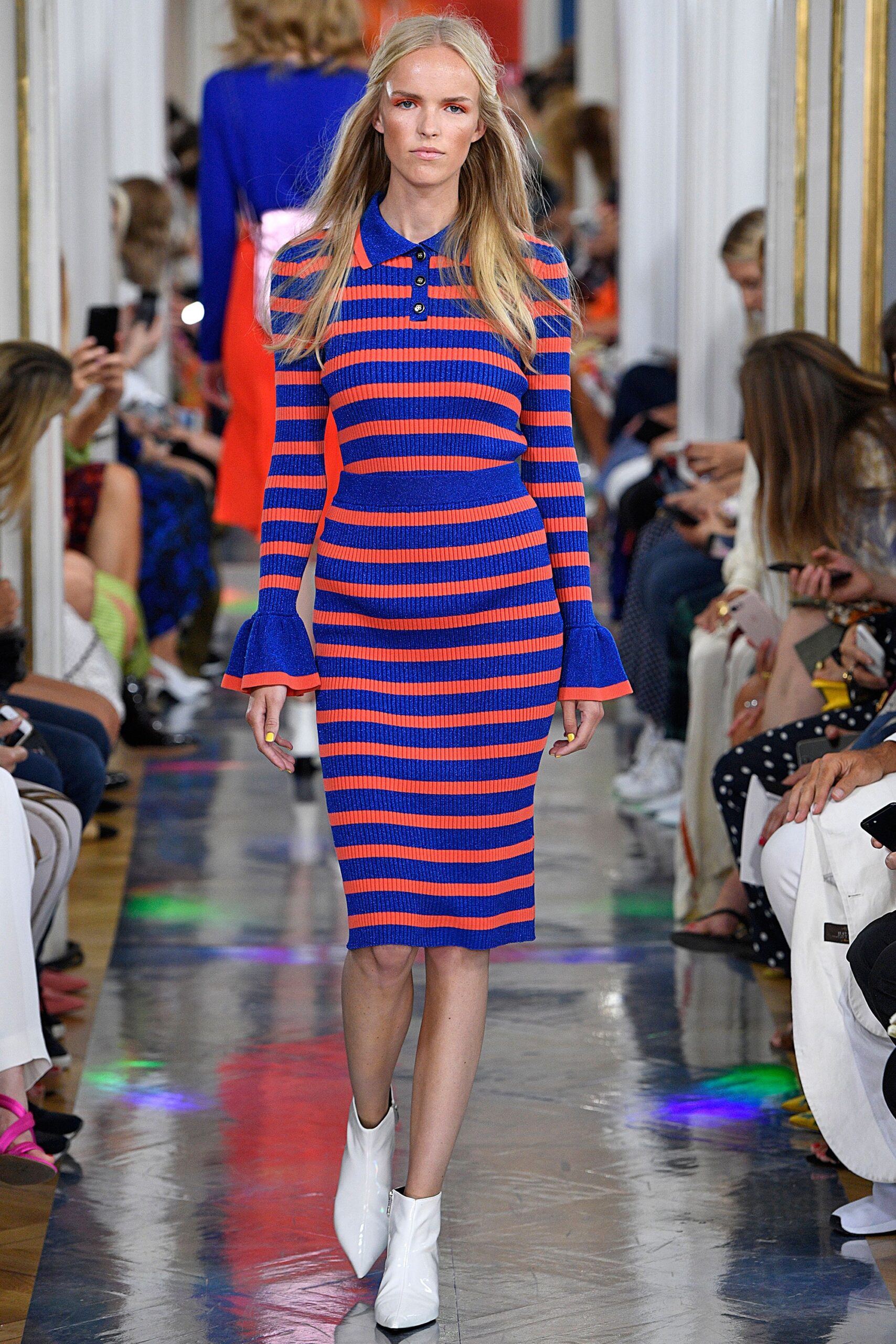 striped blue and red midi dress