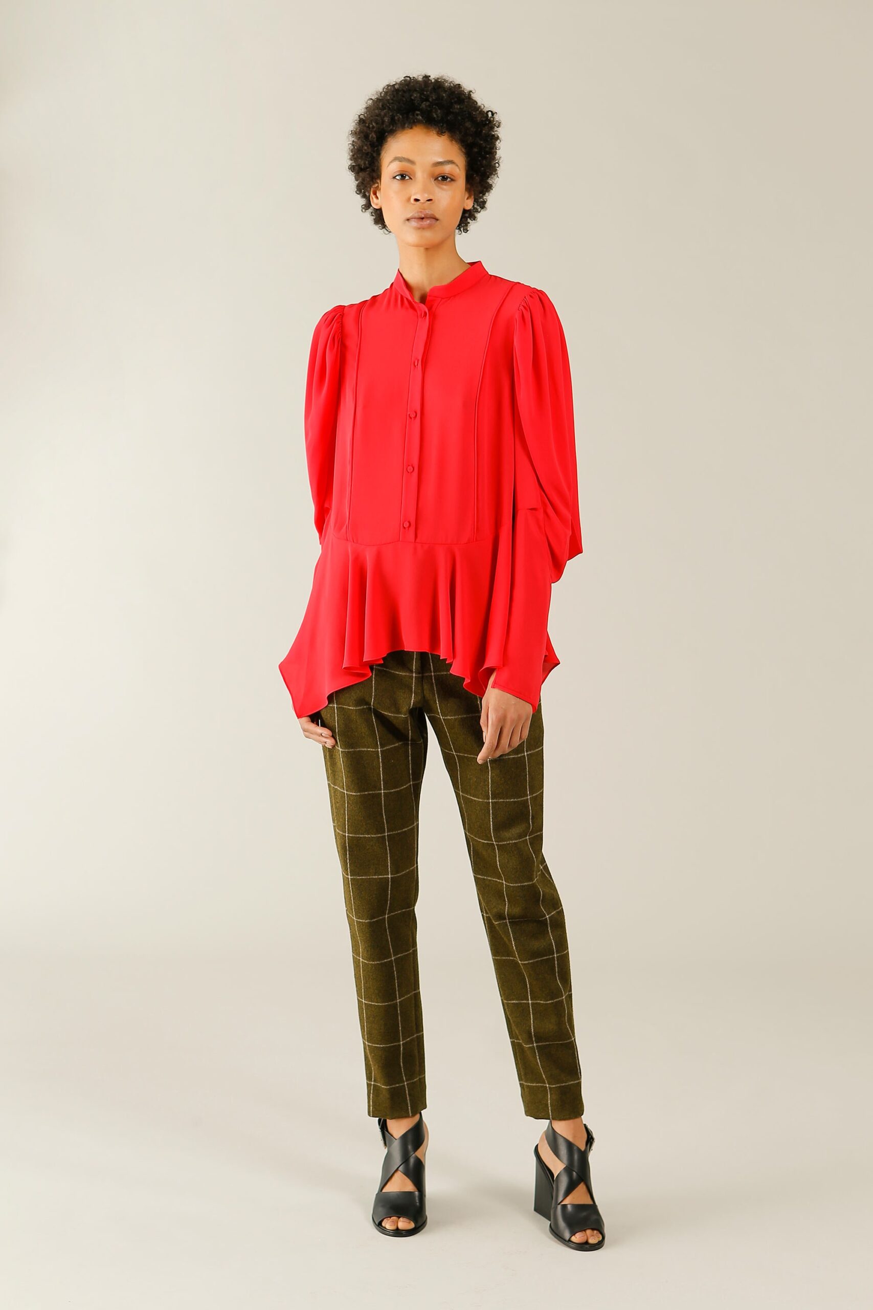 red silk long-sleeve collared fitted pleated blouse
