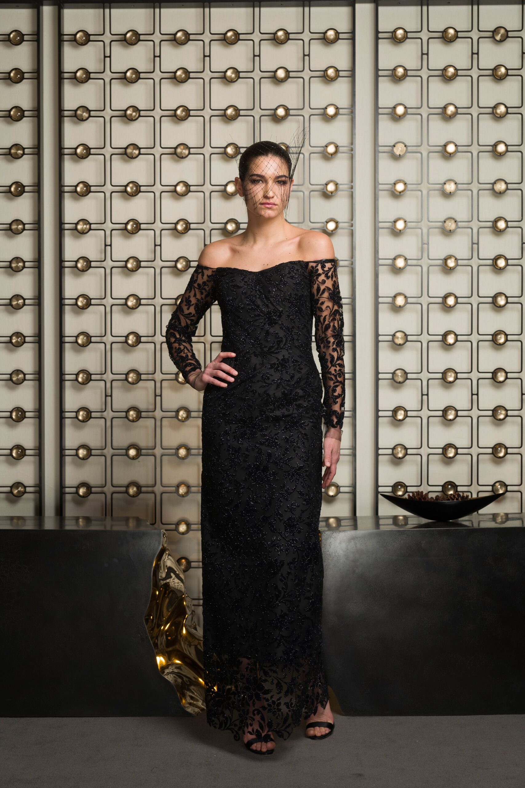 black lace off-shoulder gown