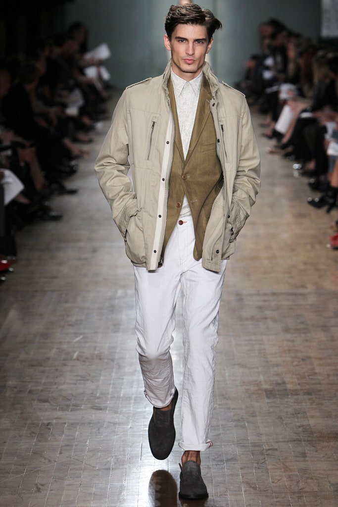 beige jacket brown vest white shirt