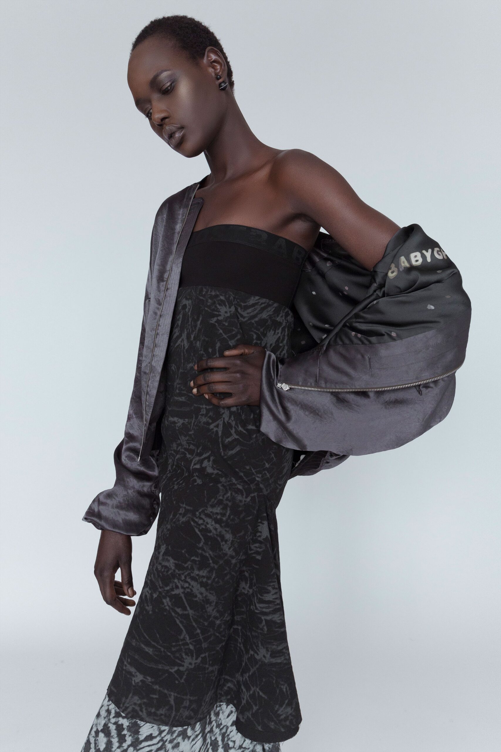gray satin long-sleeve relaxed zippered shiny jacket